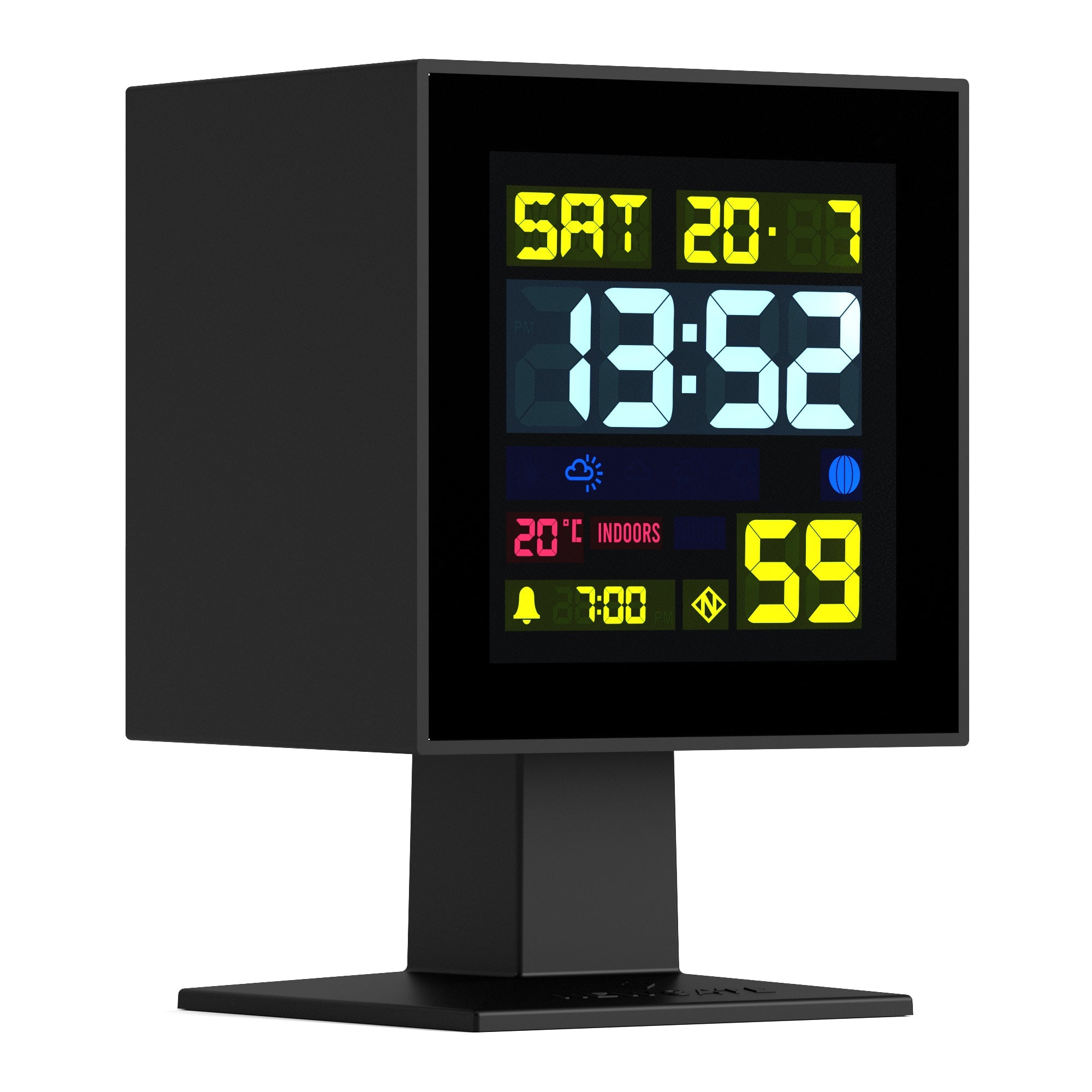 Black LCD alarm clock viewed from an angle, showing time and indoor info