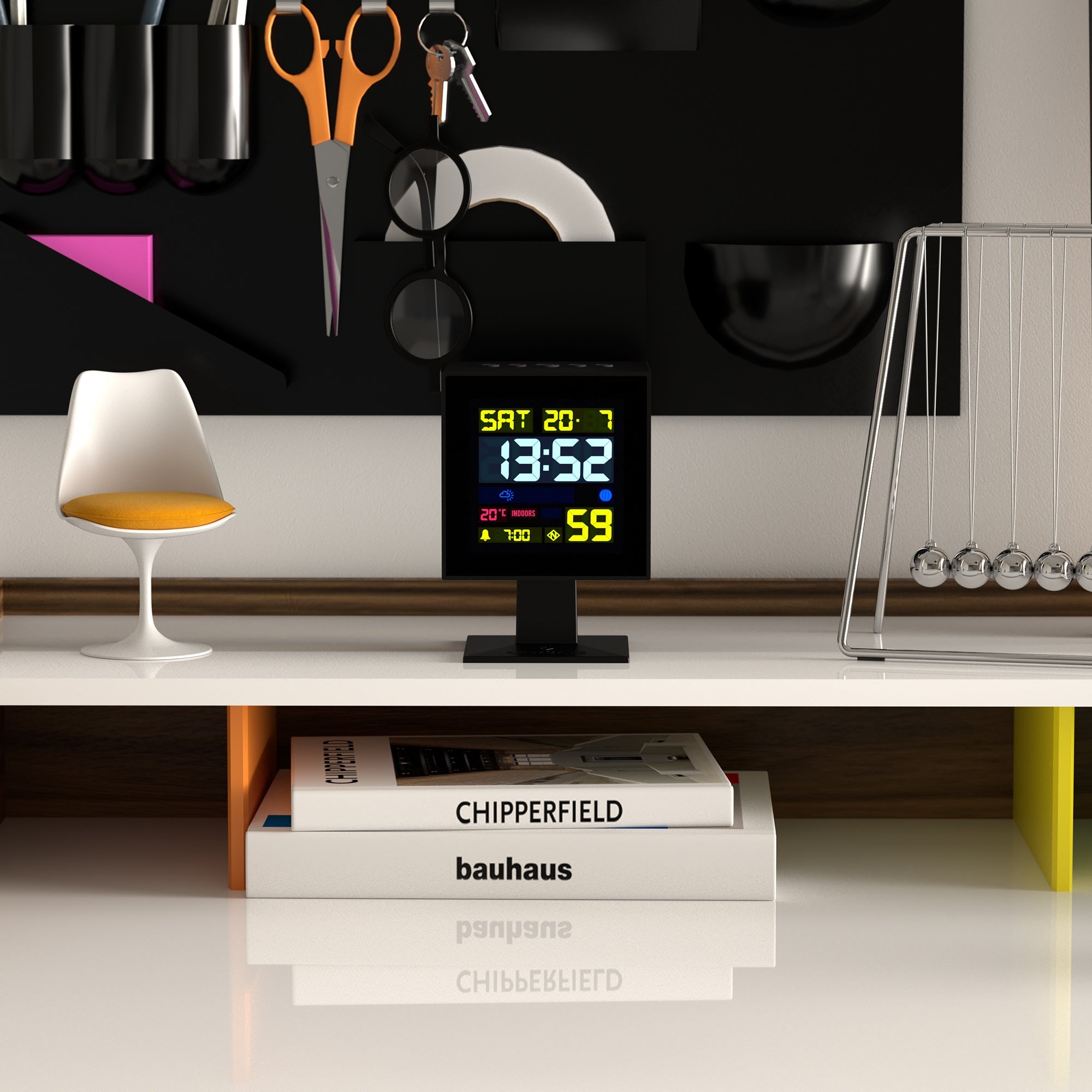 Black LCD alarm clock on a shelf with temperature reading and time display