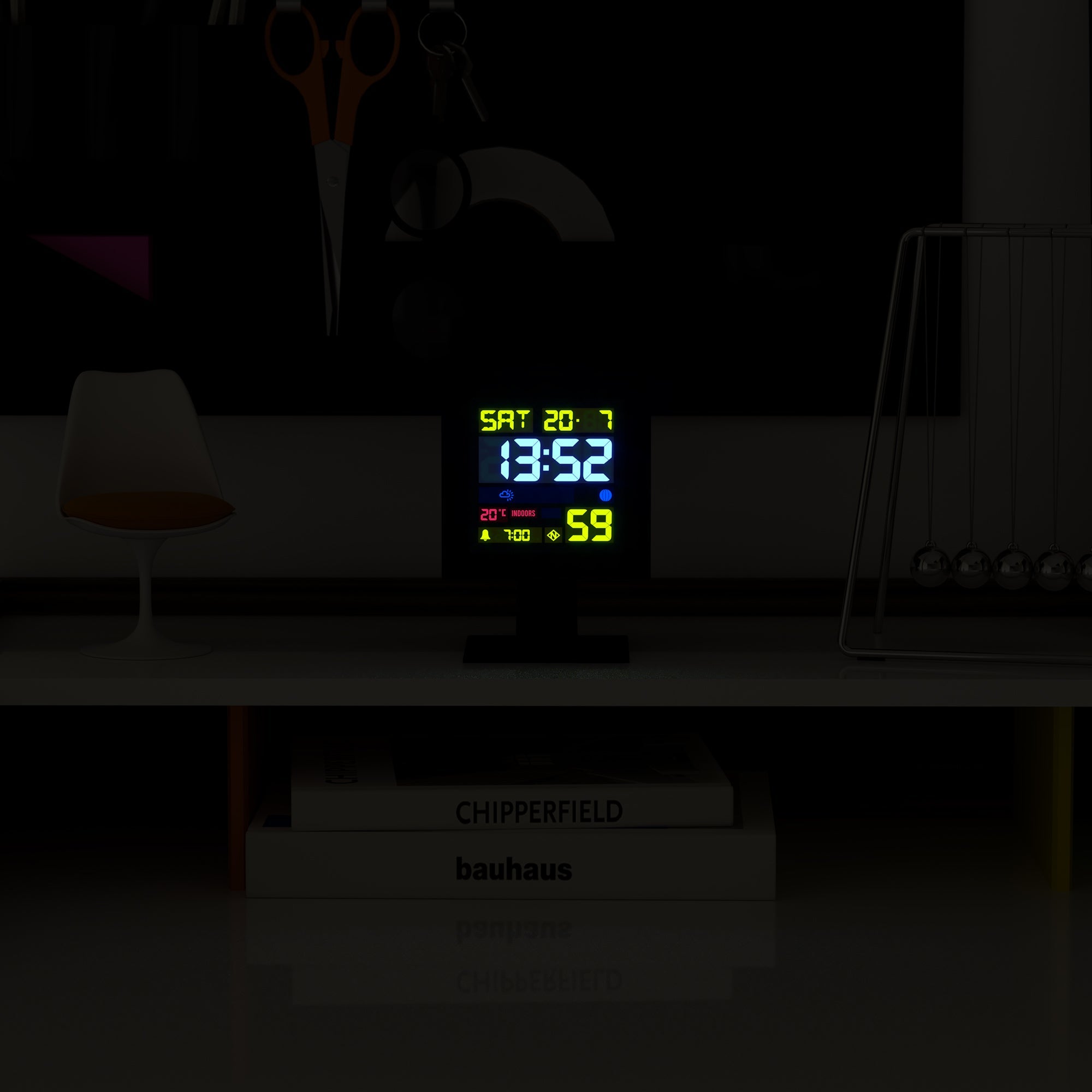 Black LCD alarm clock on a shelf in dim lighting, time and temperature on screen