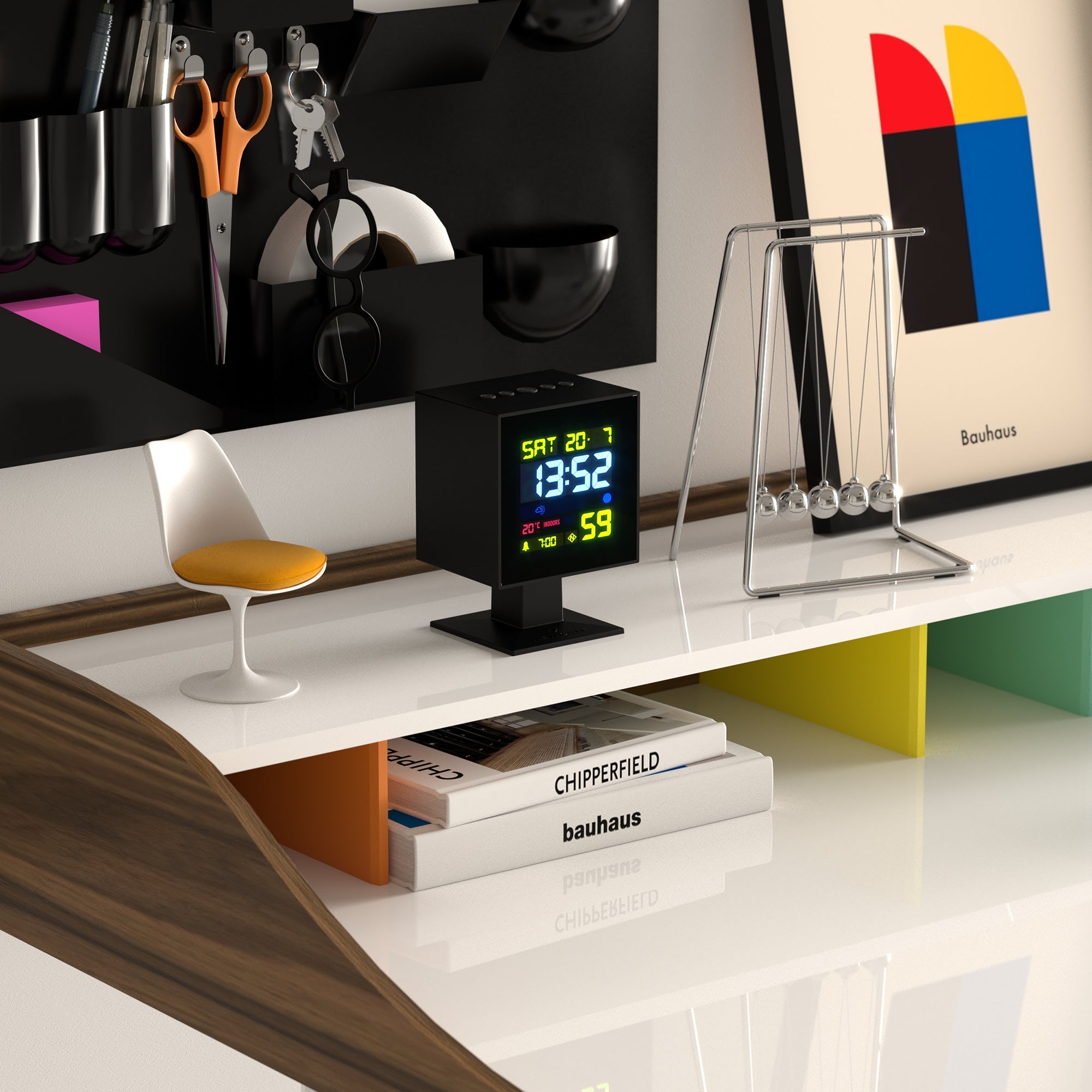 Black LCD alarm clock on a shelf, showing time and indoor temperature