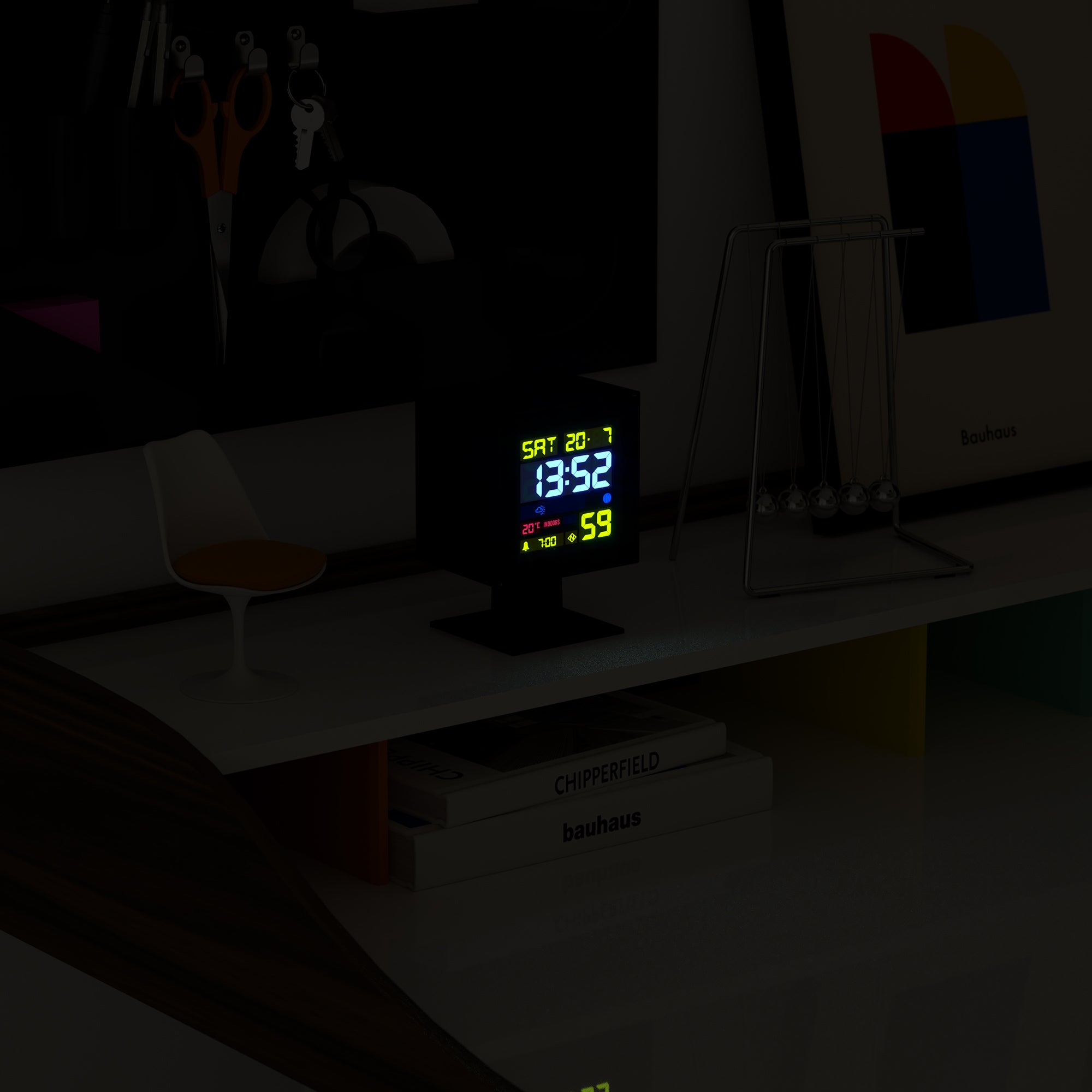 Black LCD alarm clock on a shelf in dark lighting, time and temperature on screen