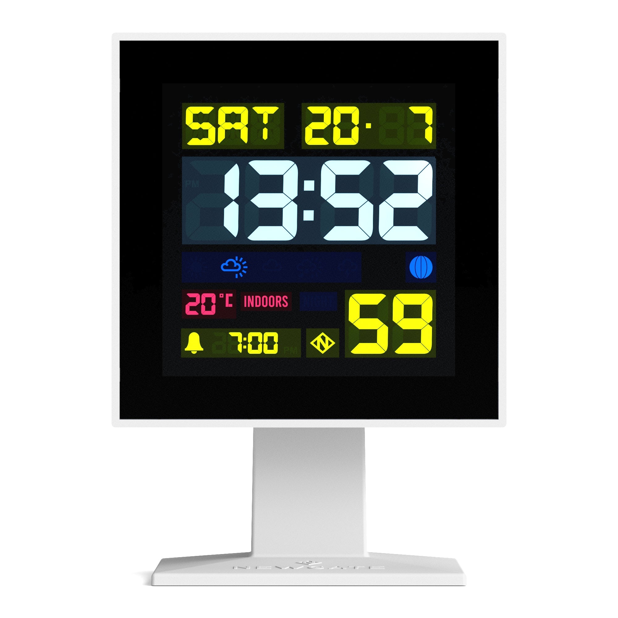 White LCD alarm clock with square screen displaying time and date on a pedestal stand.