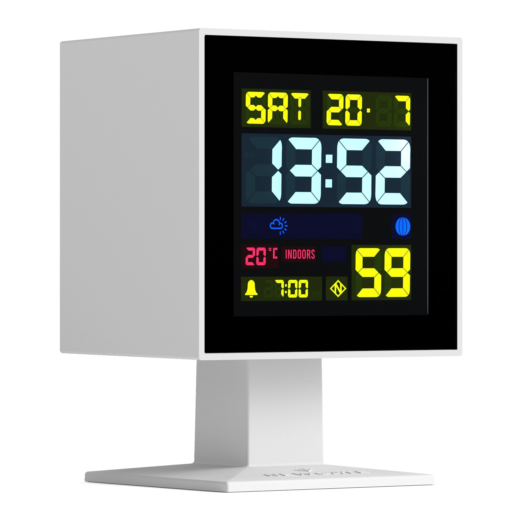 White LCD alarm clock with square front display and pedestal base, showing time 13:52.
