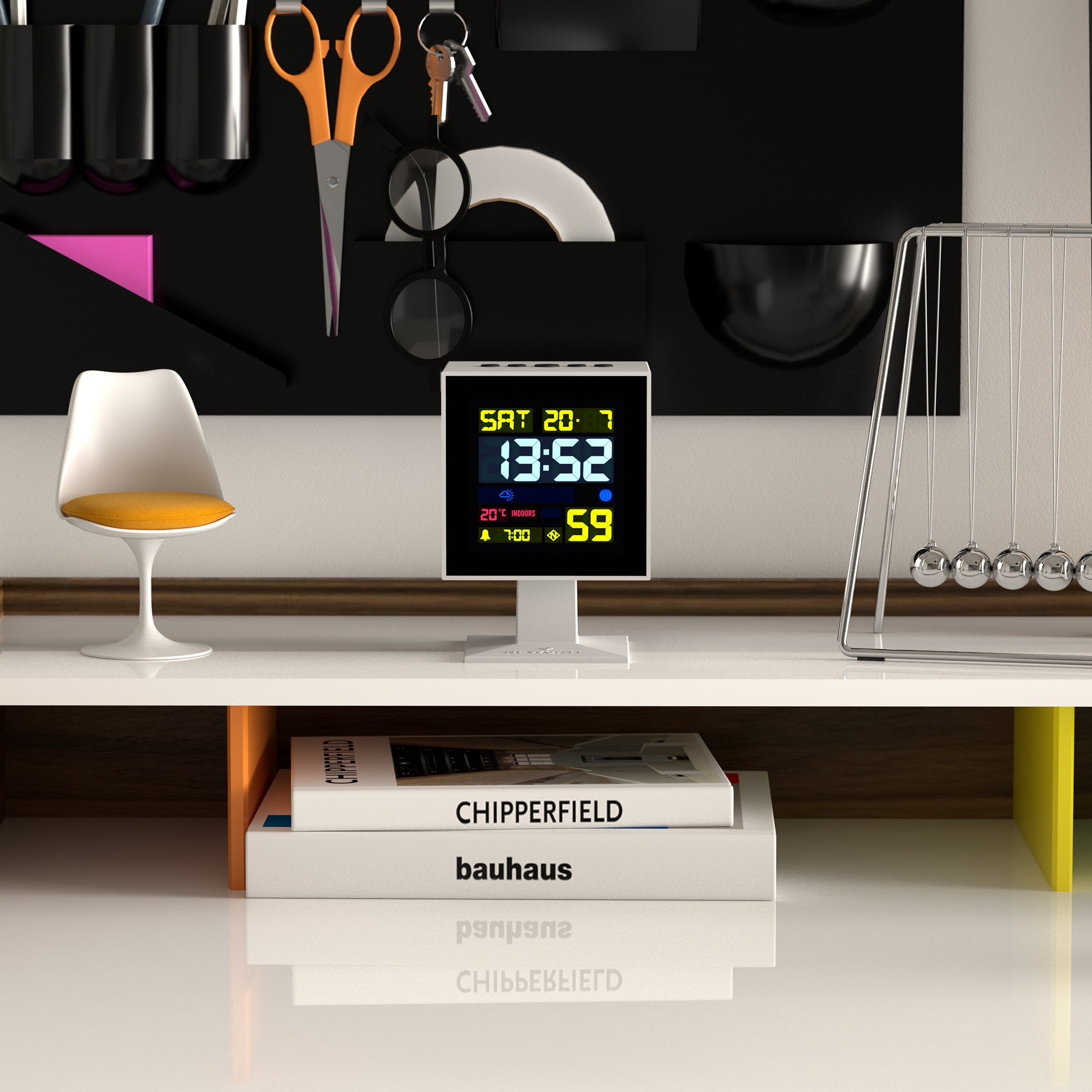 White LCD alarm clock on a stand, showing SAT and time with colored indicators.