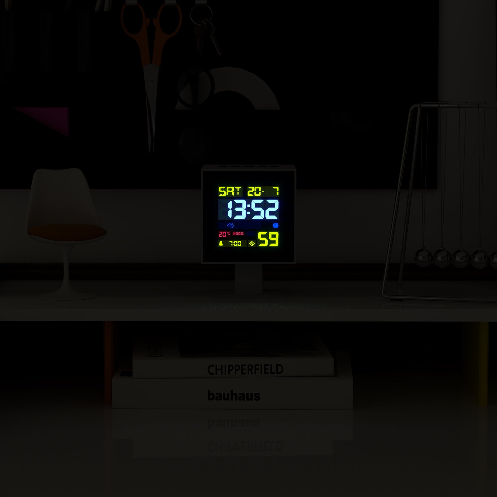 White LCD alarm clock with glowing screen, showing time and indoor temperature reading.