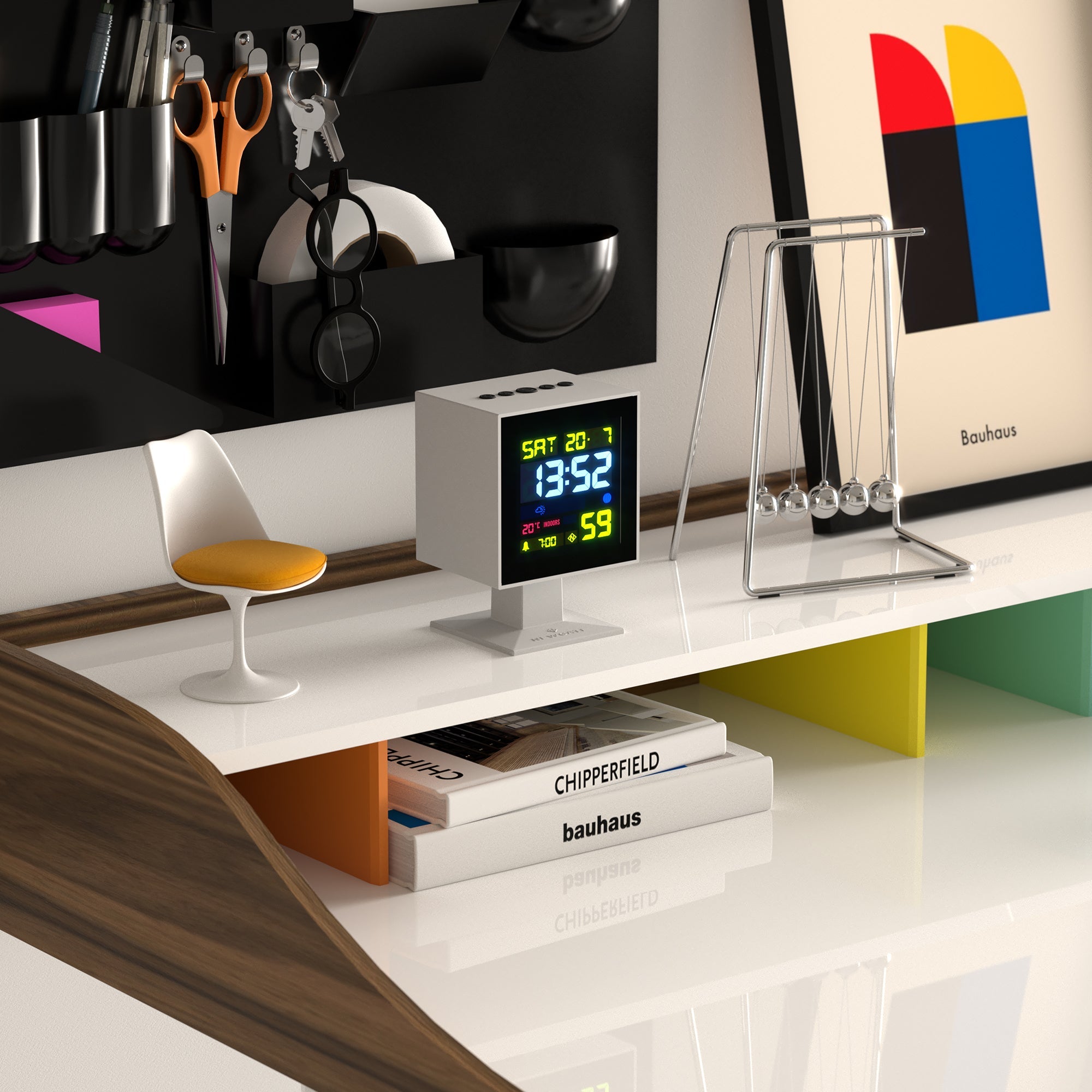 White LCD alarm clock with square display and pedestal base, showing time and temperature.