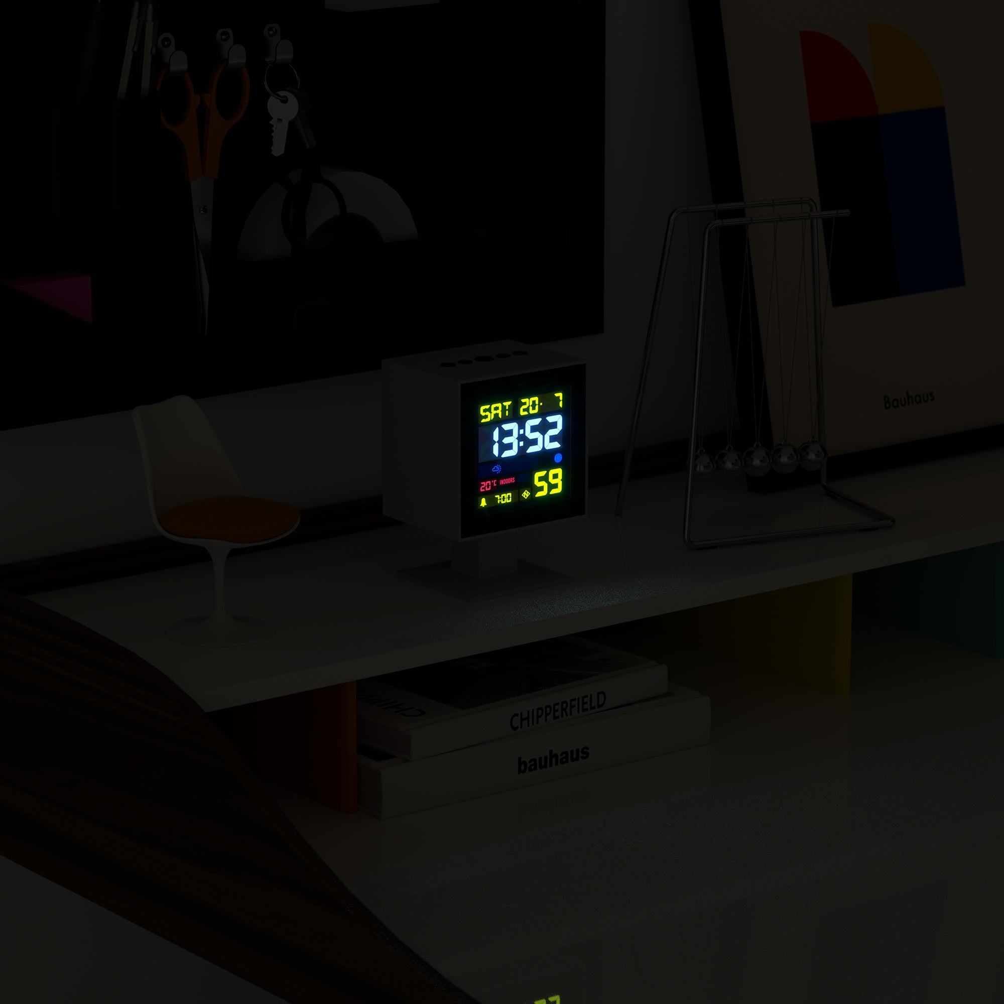 White LCD alarm clock with glowing LCD screen on pedestal, showing SAT and time values.