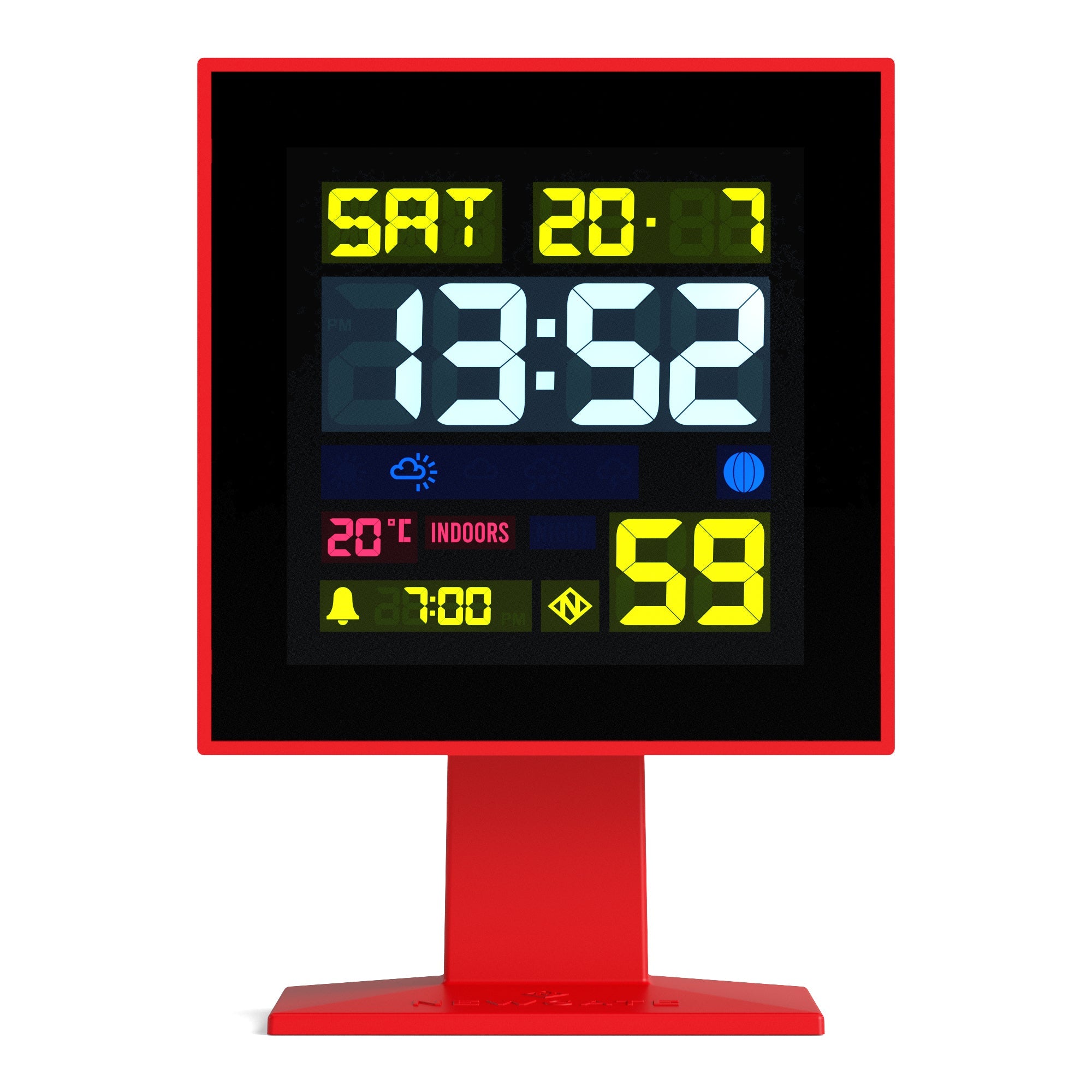 Red LCD alarm clock with square display and glowing yellow-green digits on stand