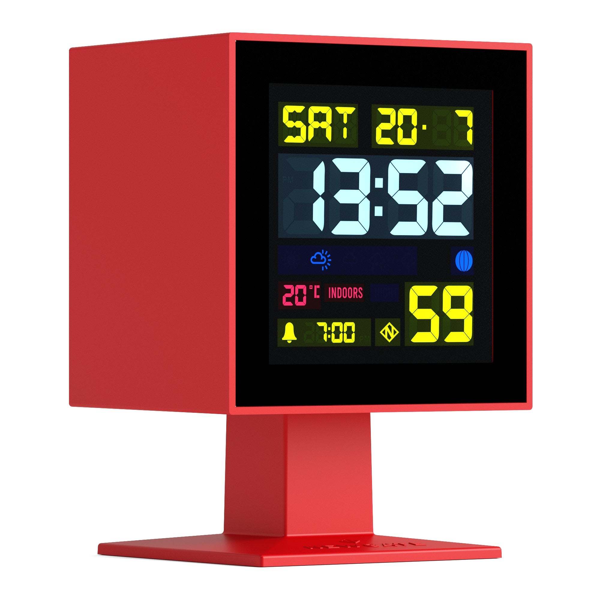 Red LCD alarm clock on pedestal stand with glowing digits on dark screen
