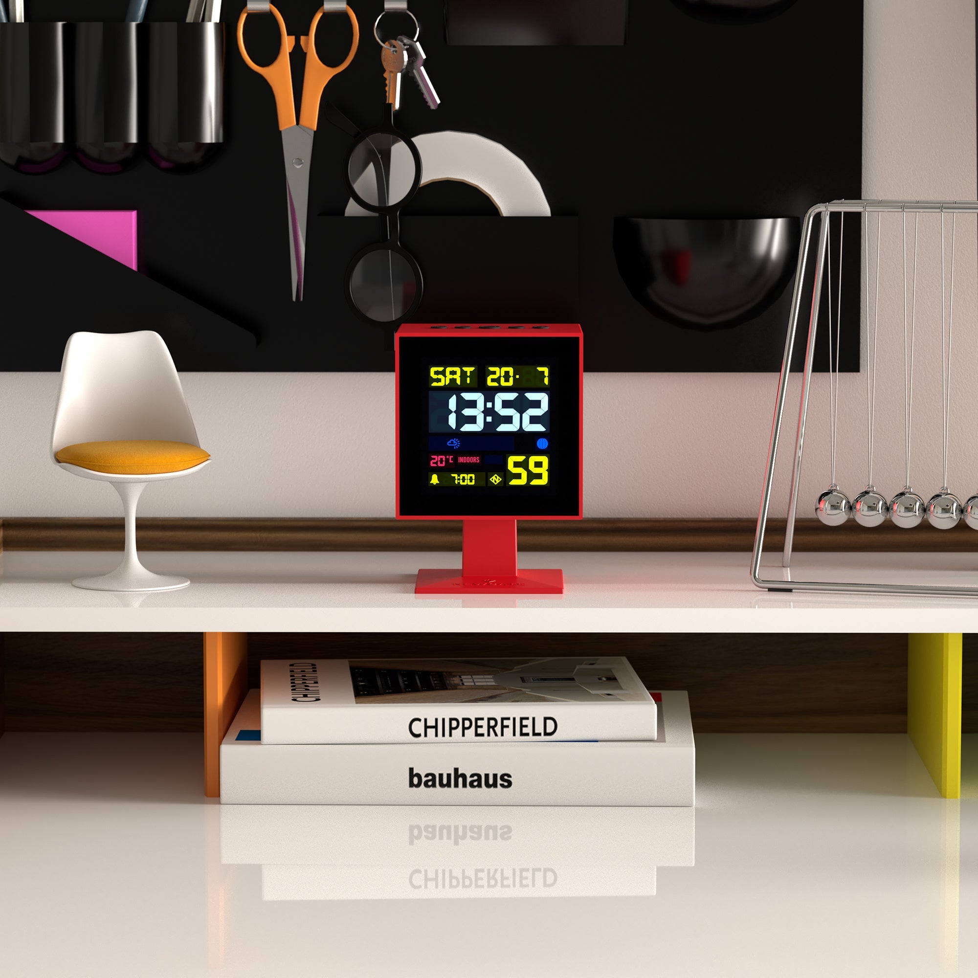 Red LCD alarm clock with square screen showing time and temperature indicators