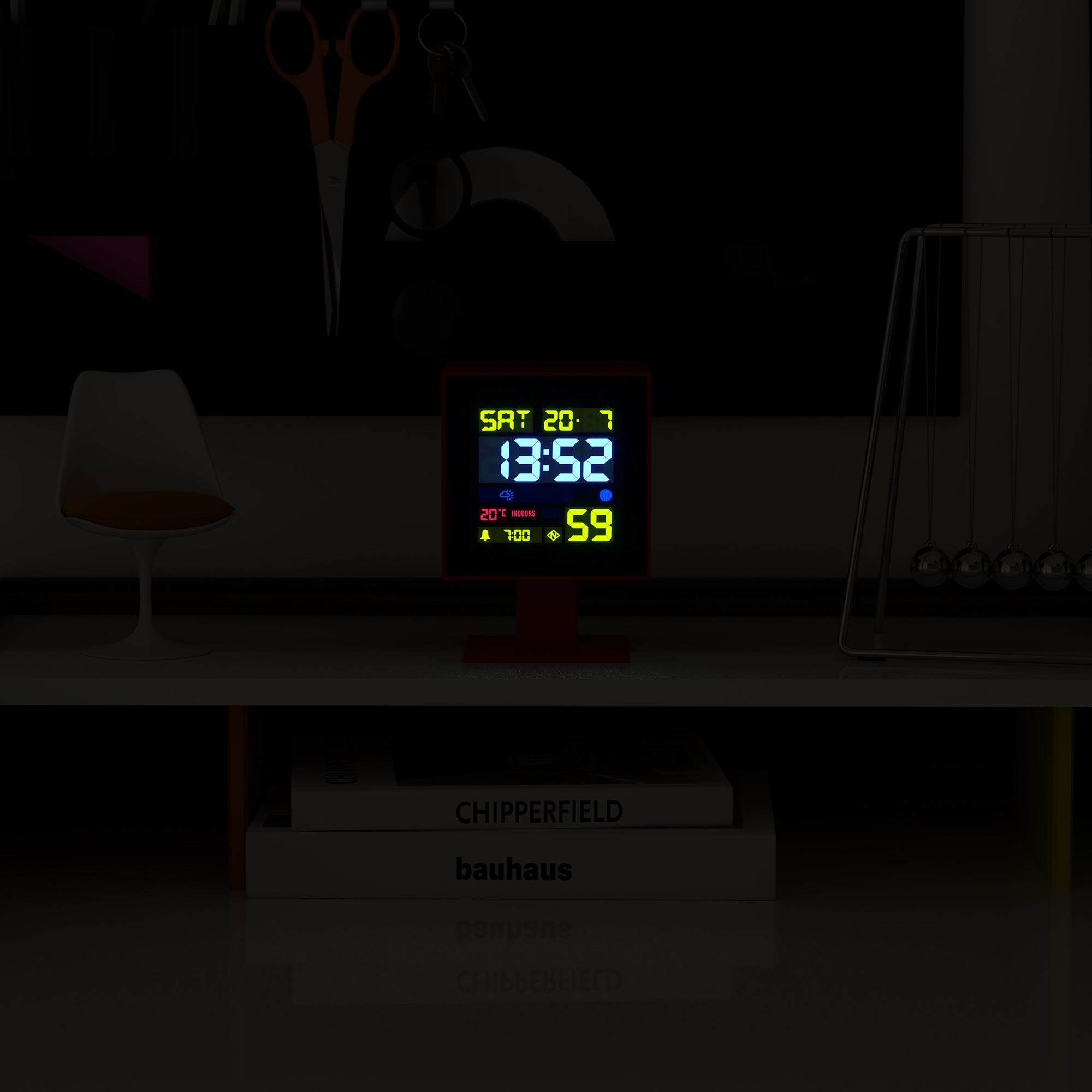 Red LCD alarm clock with illuminated screen showing yellow-green time and stats