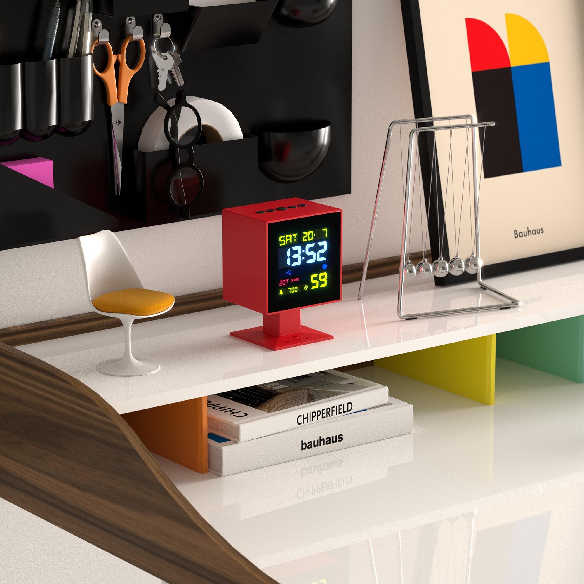 Red LCD alarm clock with square display showing time and temperature on stand