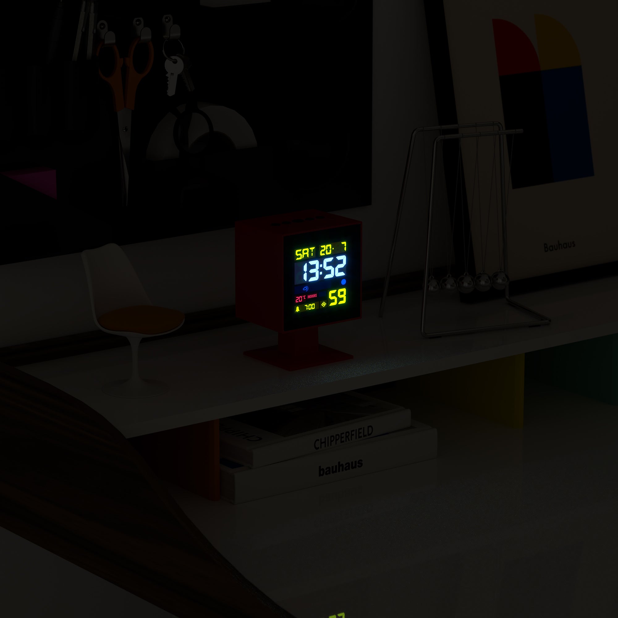 Red LCD alarm clock with illuminated LCD showing time and temperature on stand