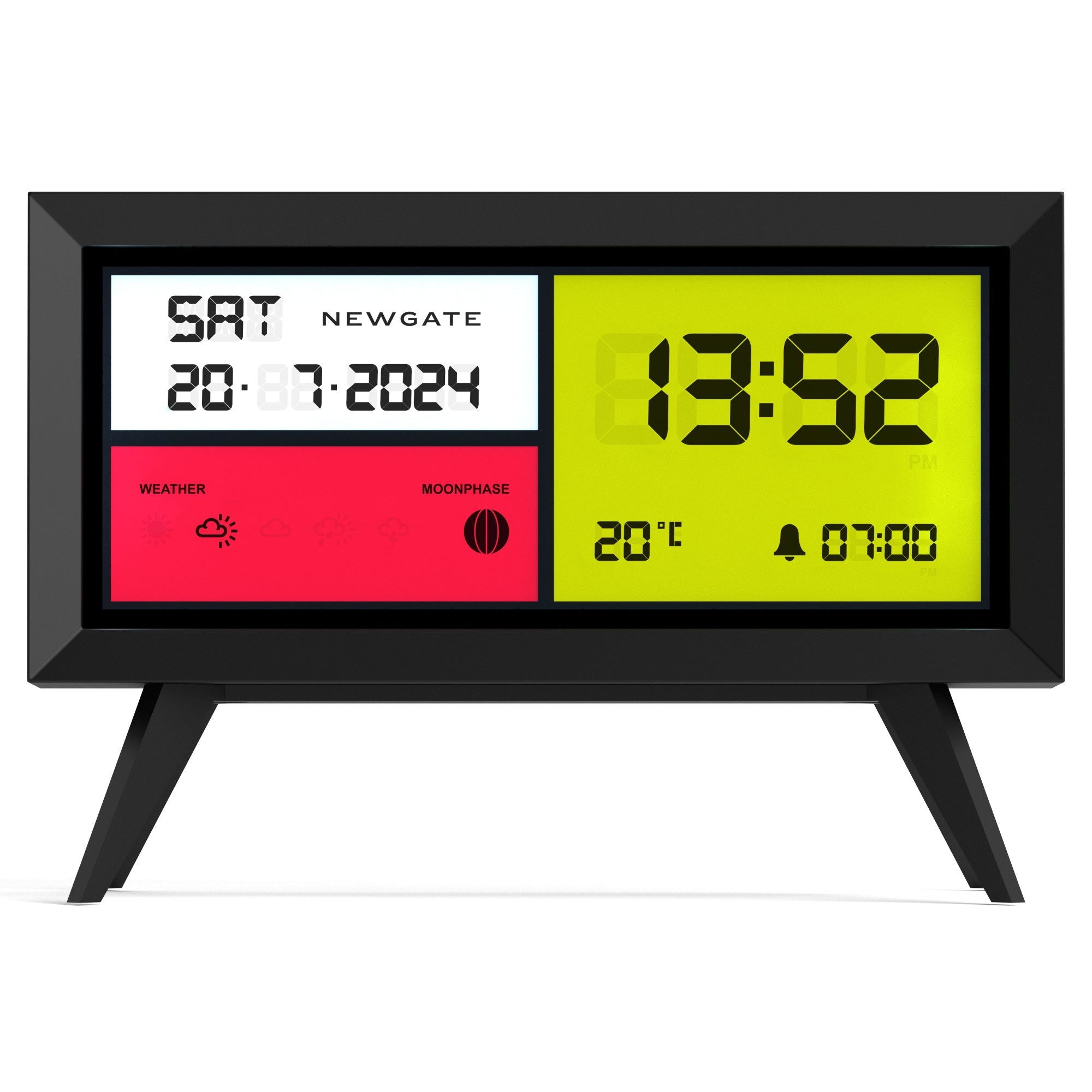 Matte black LCD alarm clock with green digital time and red feature display