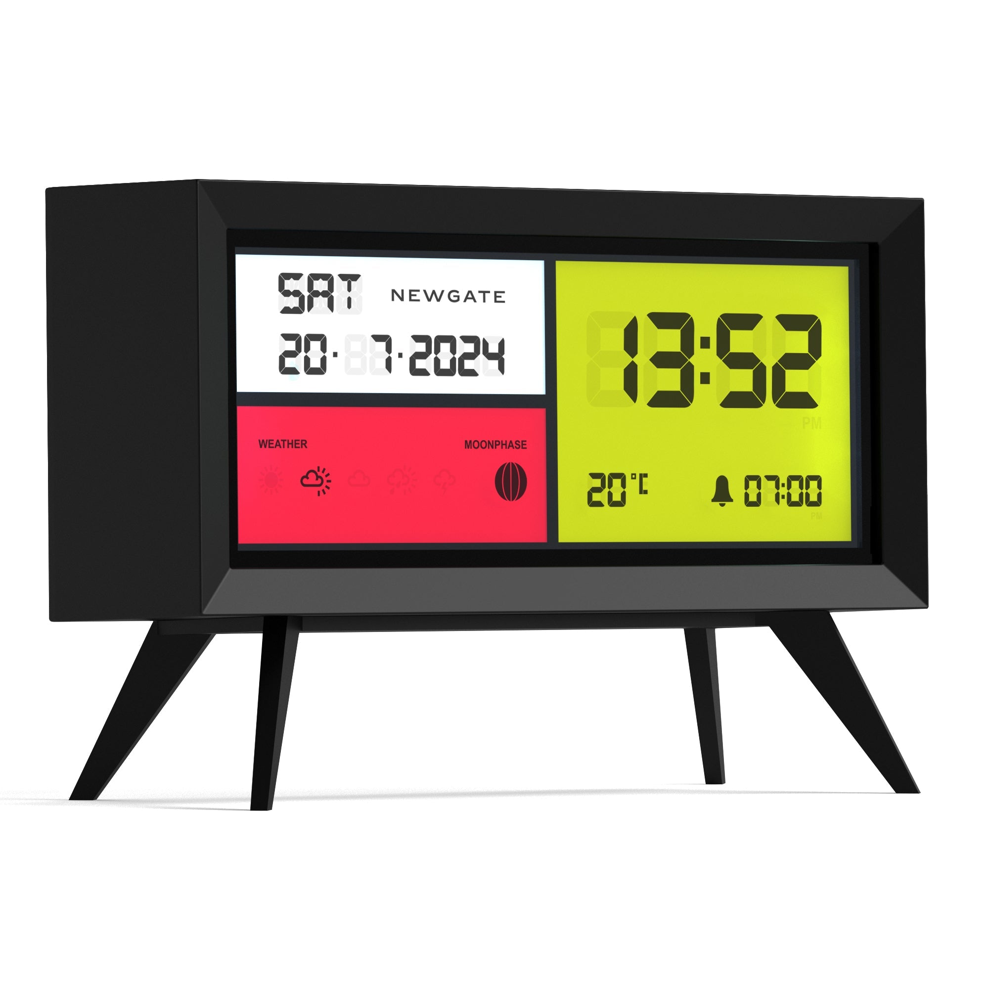 Matte black LCD alarm clock with green time readout and red settings panel