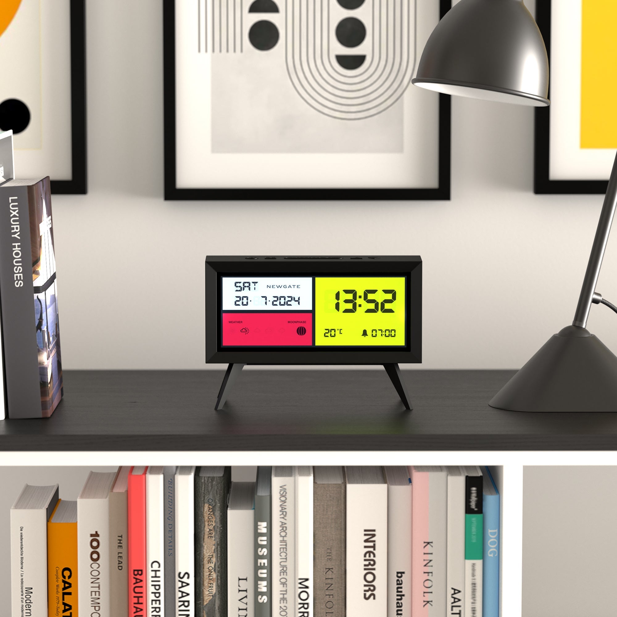 Matte black LCD alarm clock with green time digits and red control display