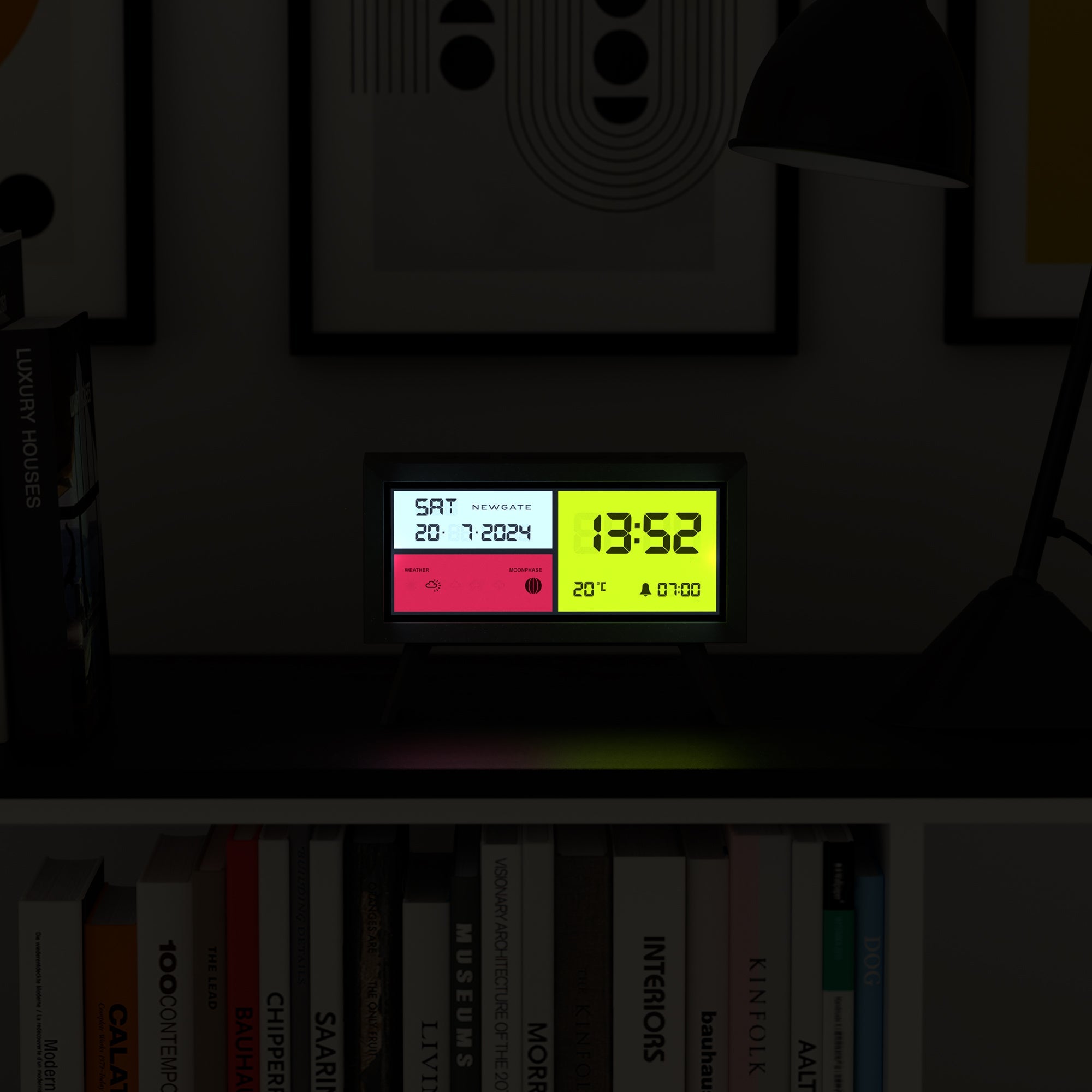 Matte black LCD alarm clock with green digital time and red weather/status panel