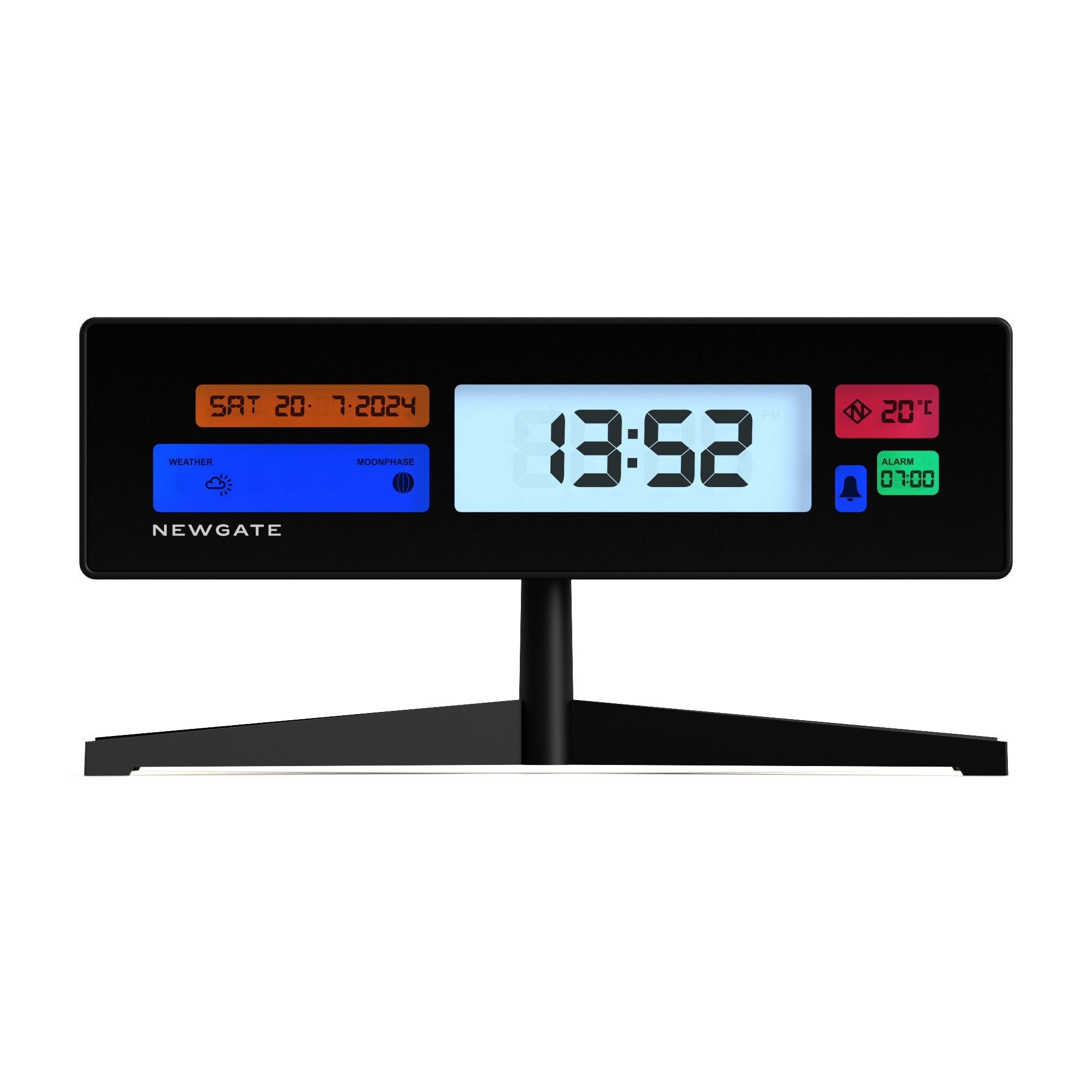 Matte black LCD alarm clock with large time display and side temperature readouts.