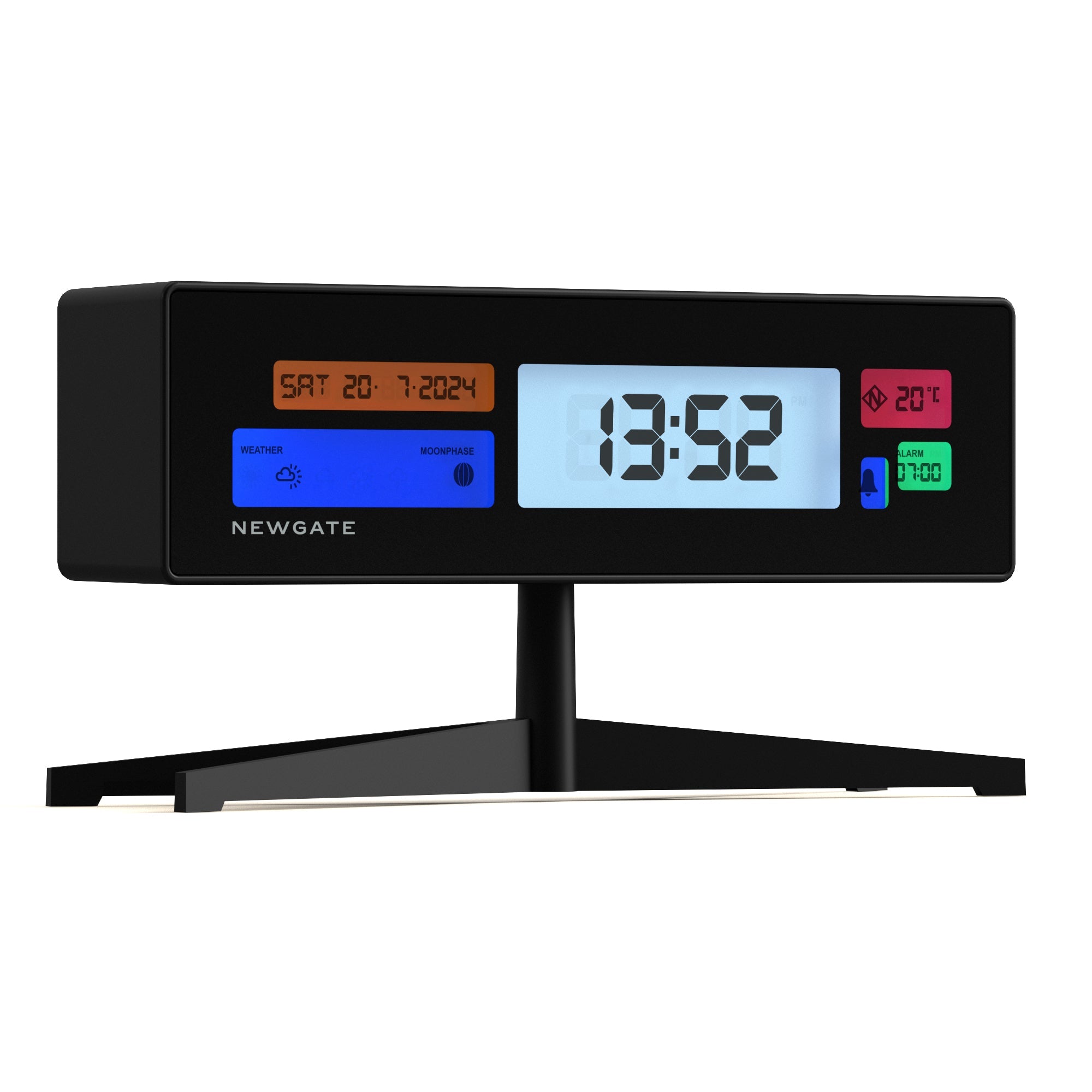 Matte black LCD alarm clock front view with time, date, and temperature panels.
