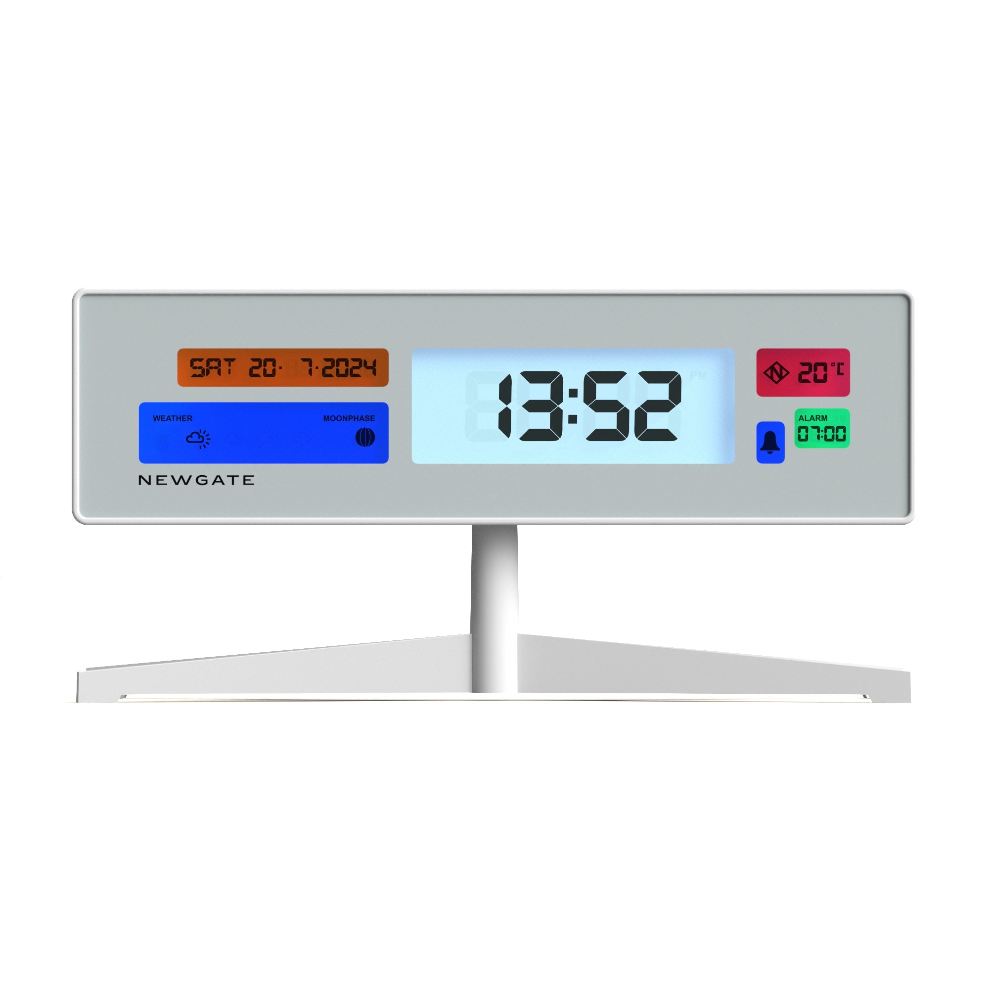 Matte white LCD alarm clock with large digital time display and control panel