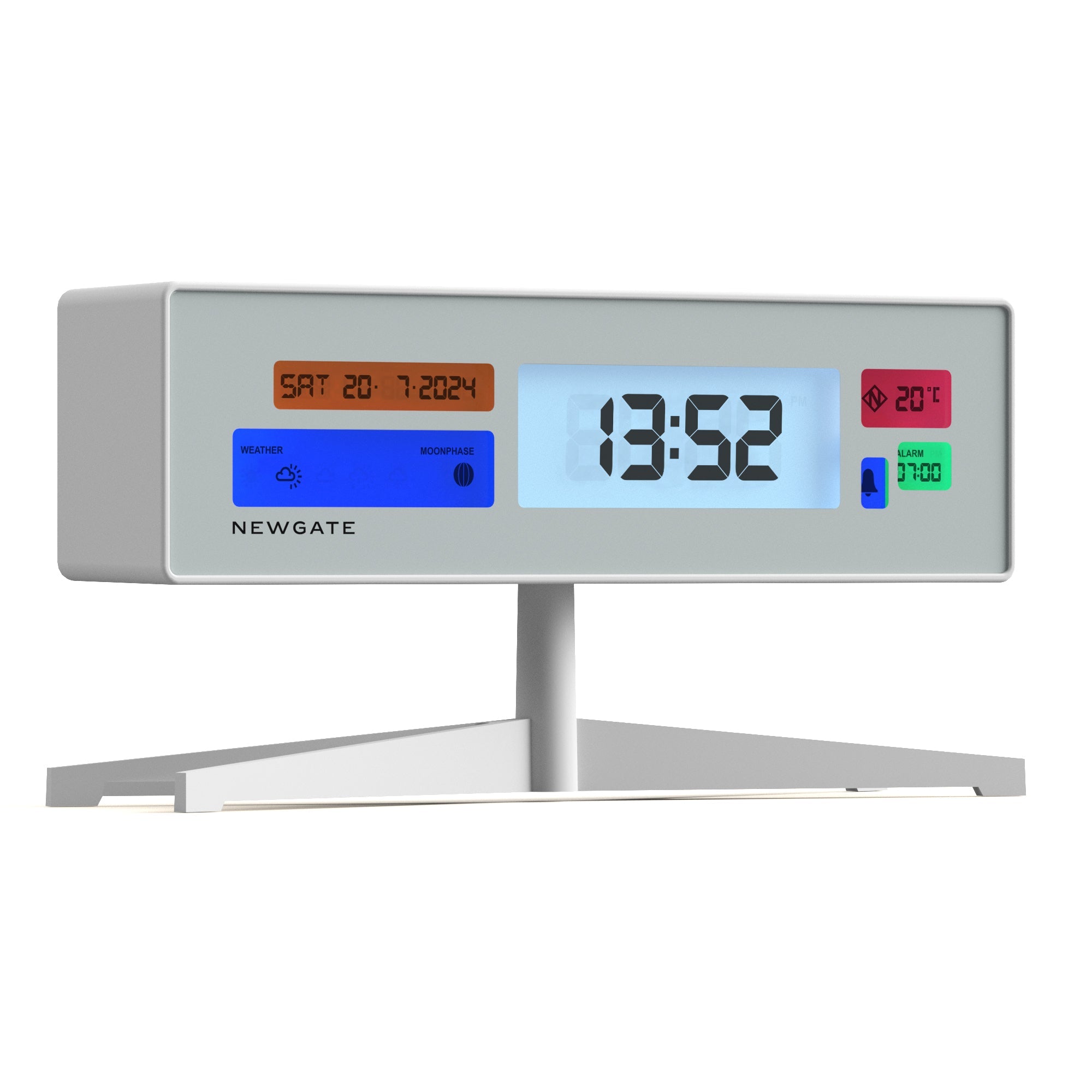 Matte white LCD alarm clock shown from an angle with large time digits and icon buttons