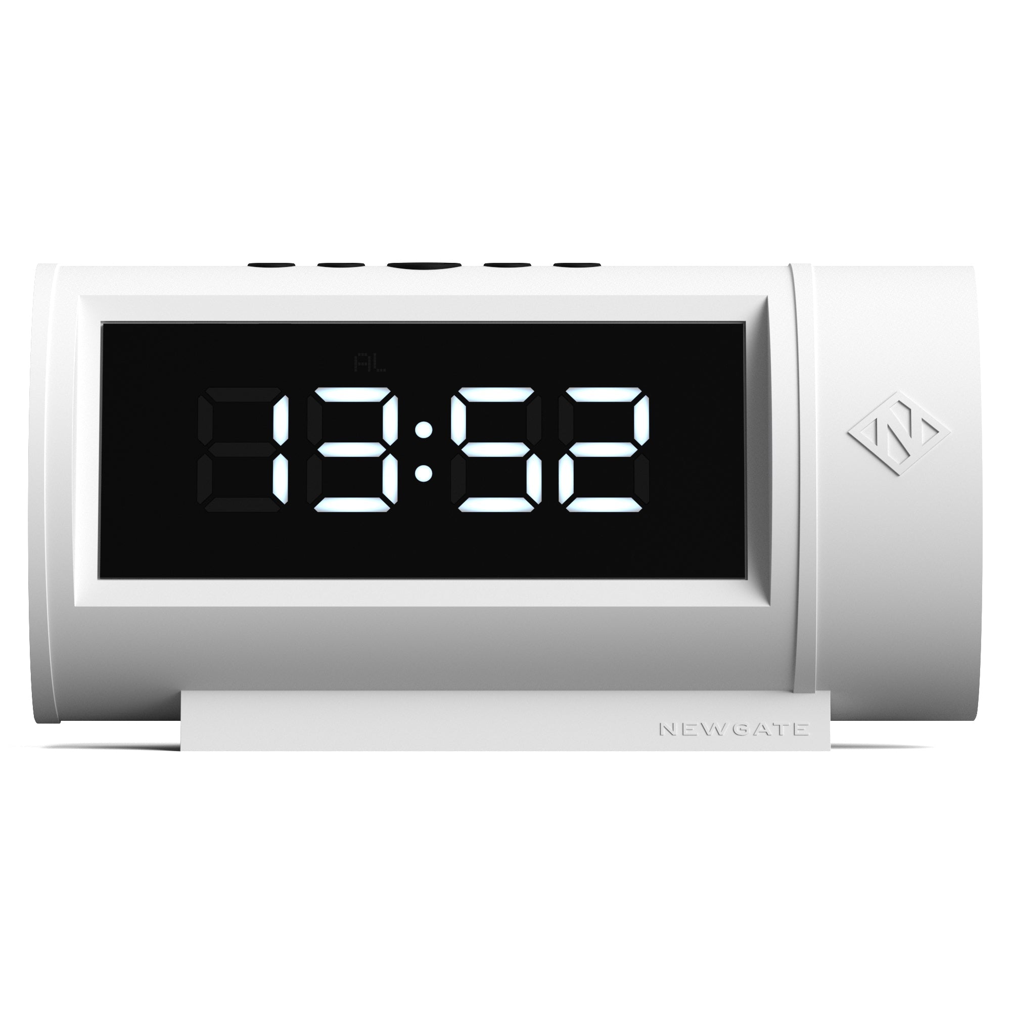 White LED alarm clock with digital display reading 8:52