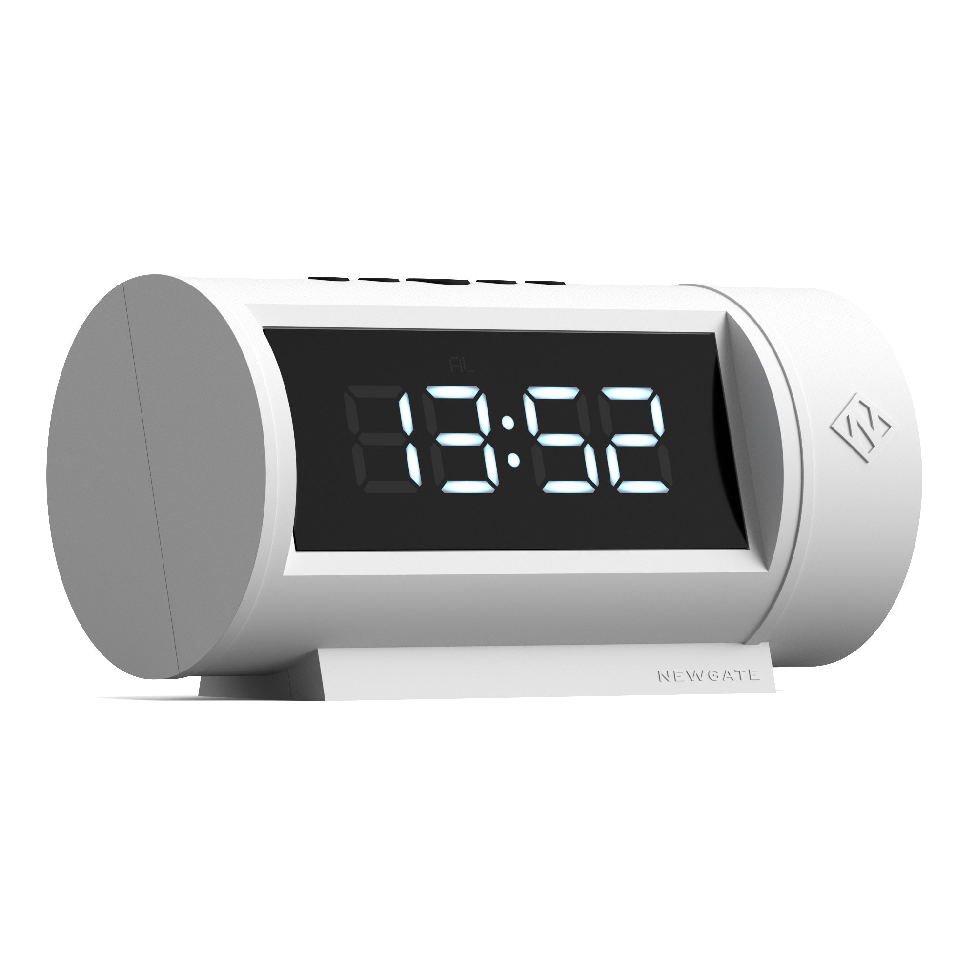 White LED alarm clock, cylindrical case, digital display shows 8:58