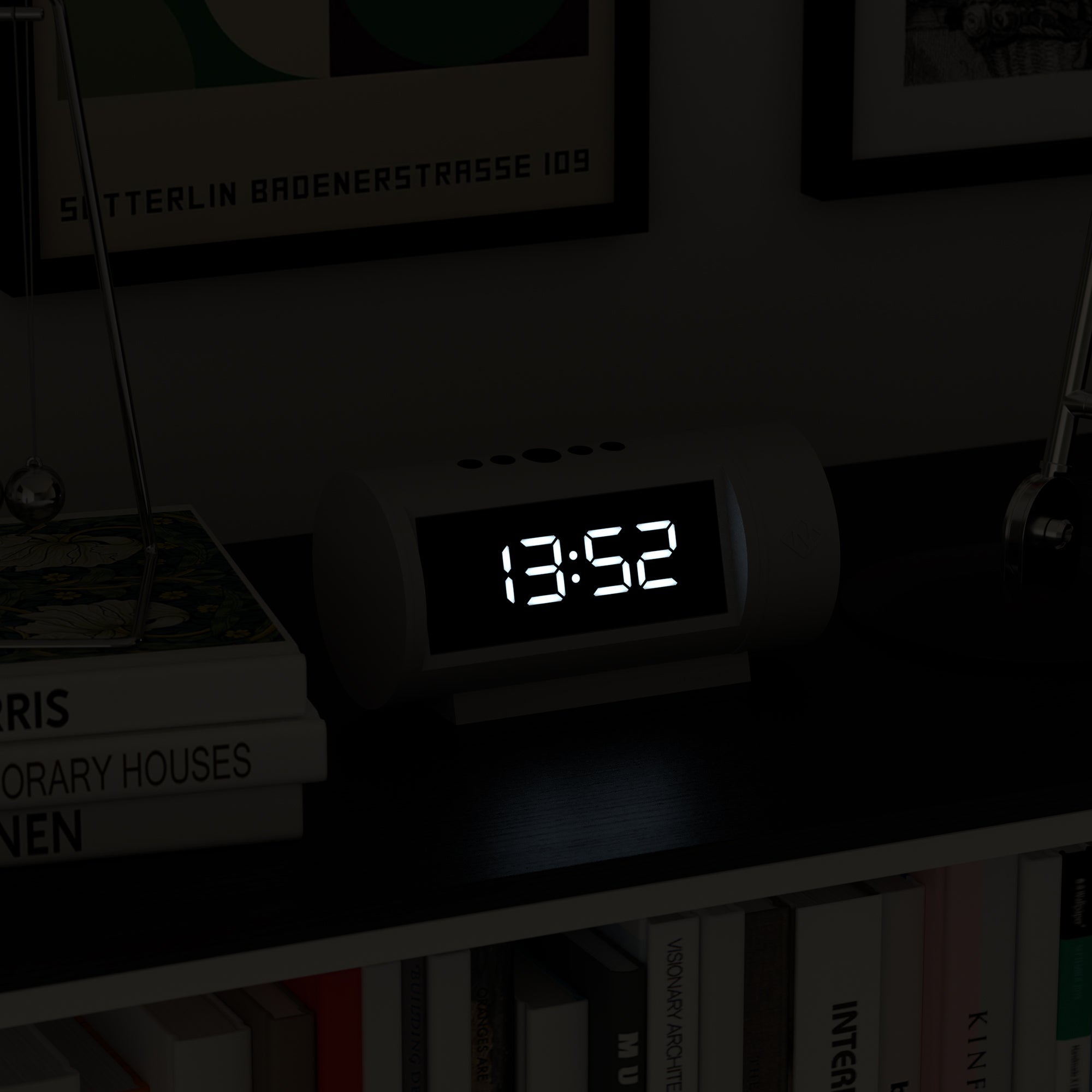 White LED alarm clock with lit LED time display in dark room