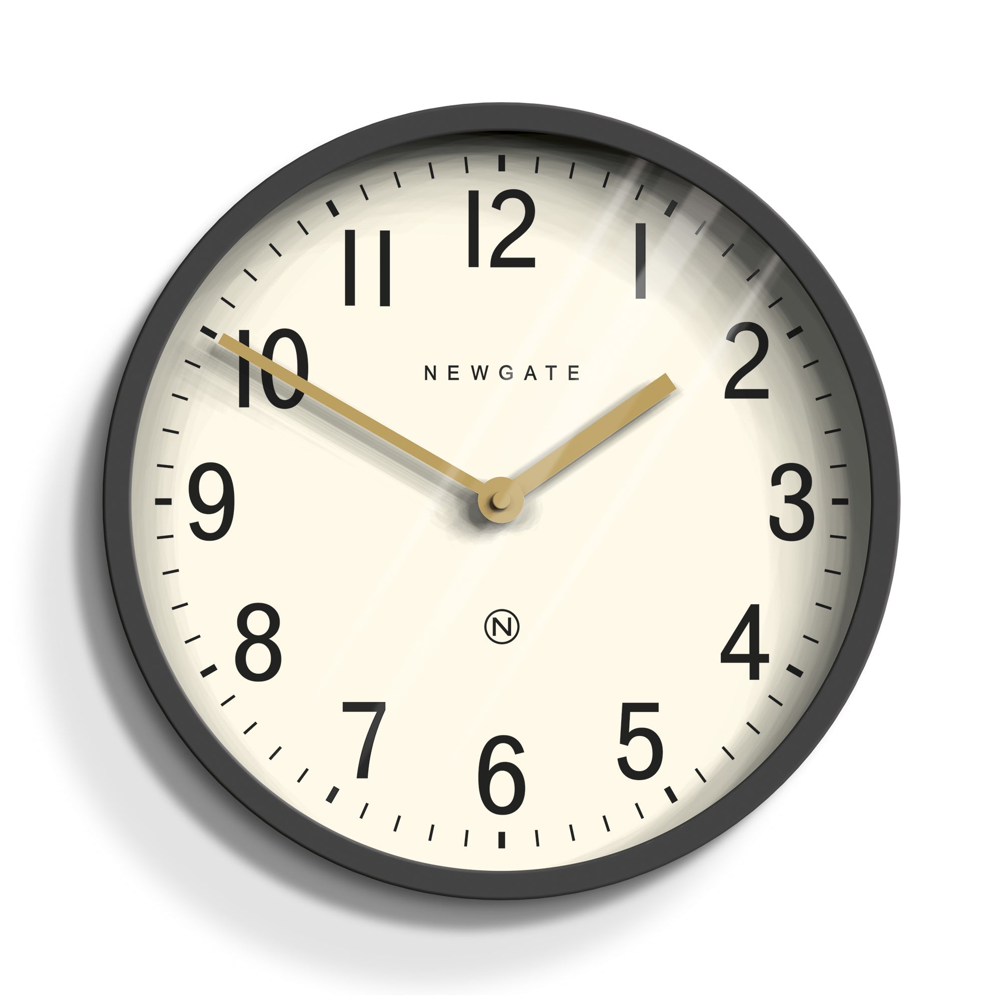 Wall clock with grey frame, cream face, gold hands and black numerals