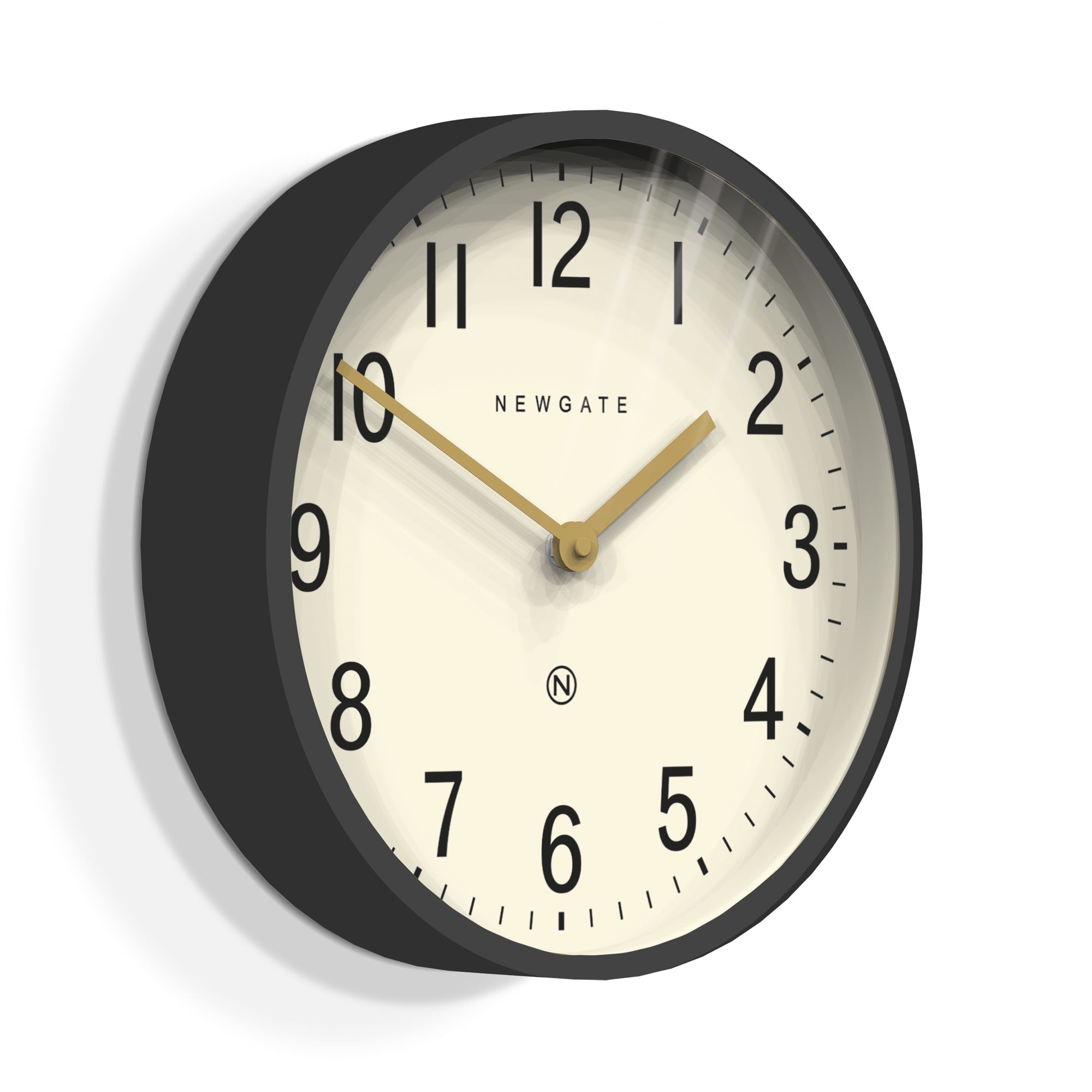 Wall clock with dark grey bezel, cream dial, gold hands, black hour markers