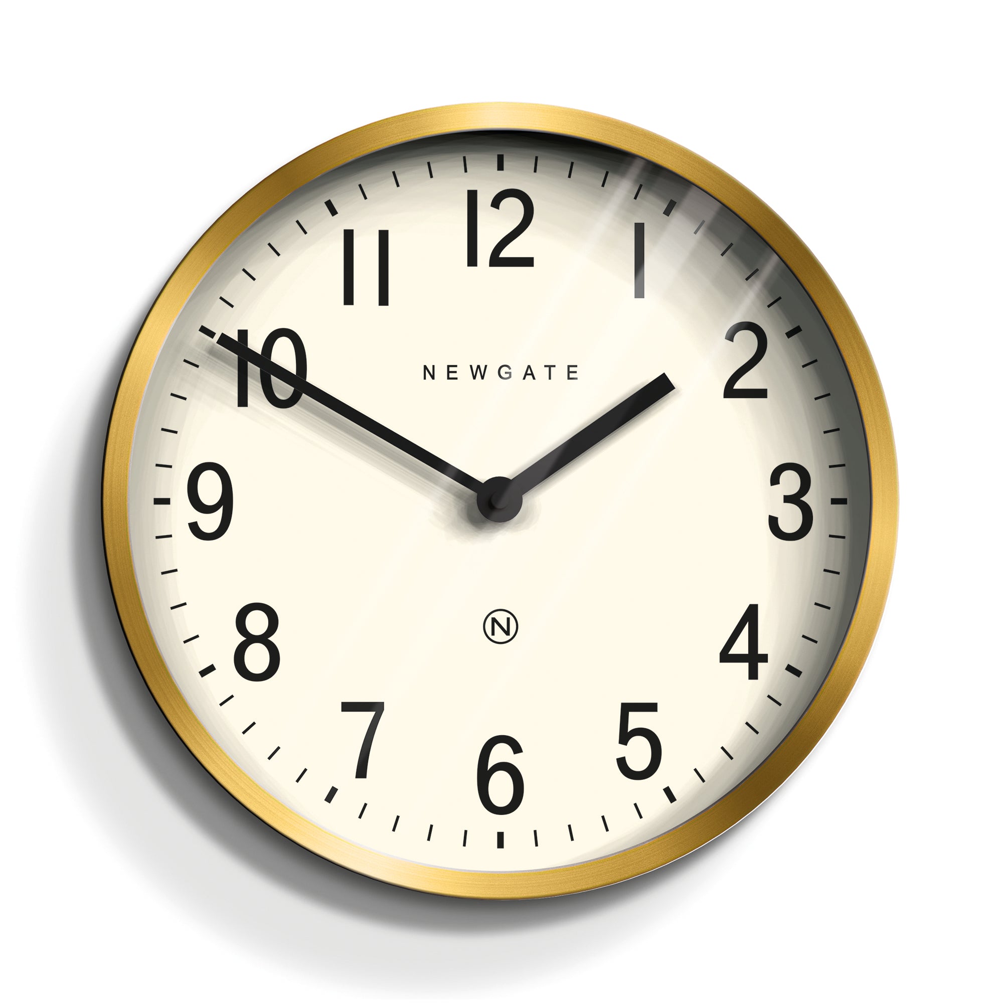 Brass wall clock with cream face, black Arabic numerals and hands, Newgate logo