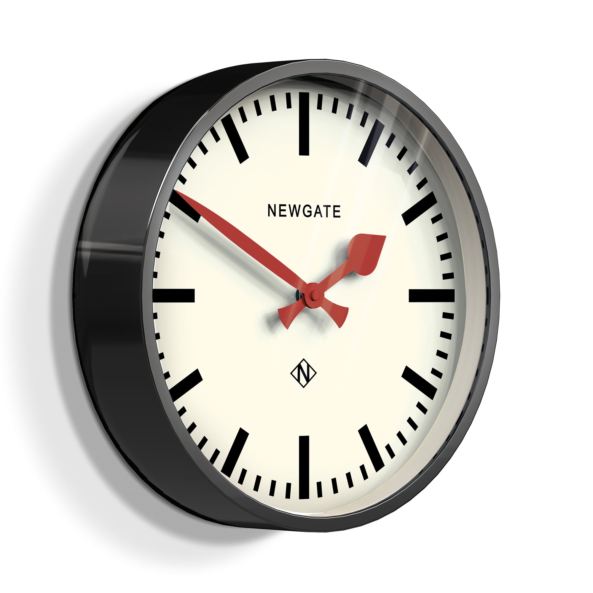 Round luggage clock with dark gray rim, white dial, red hands, black time markers