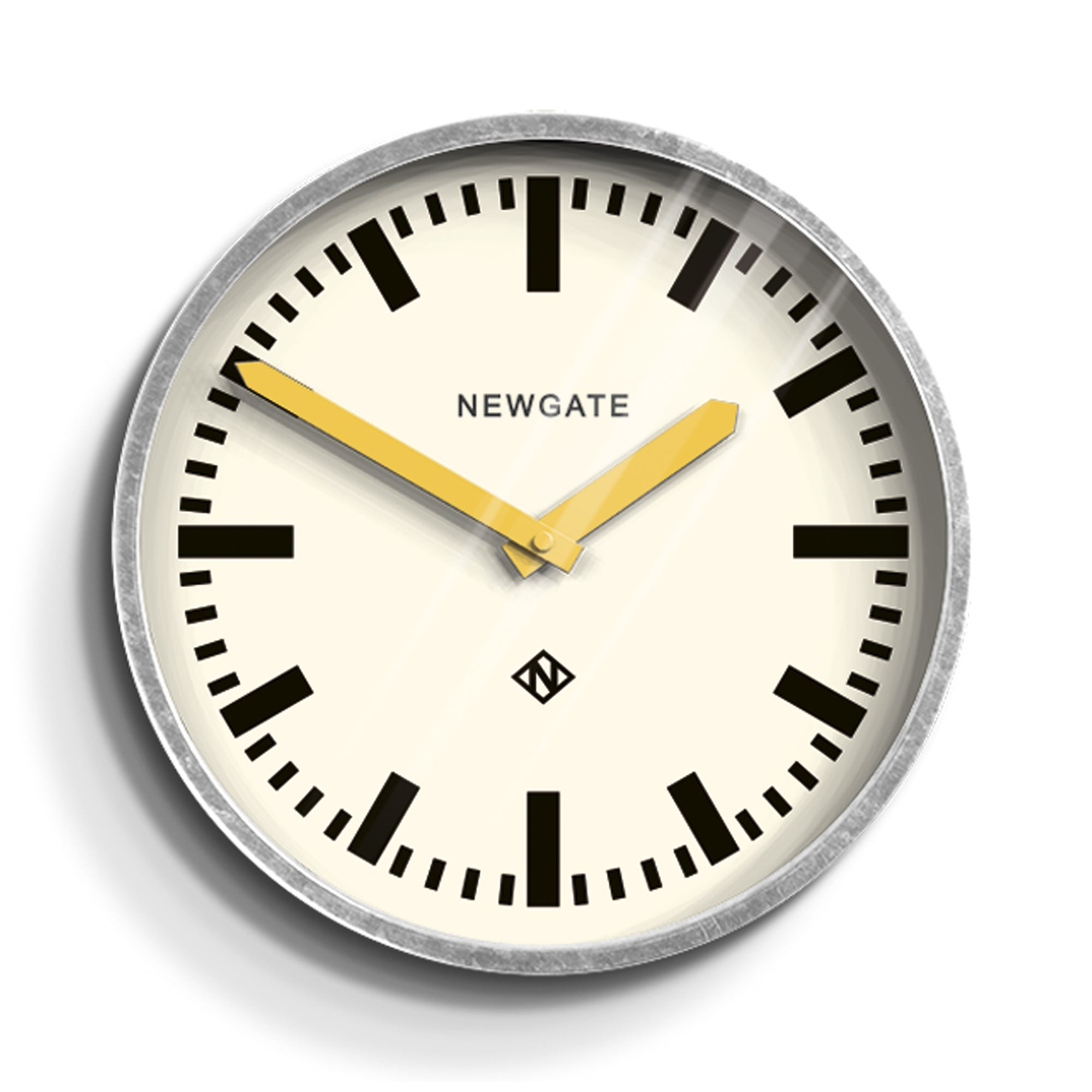 Galvanized wall clock with cream dial, yellow hands, black hour markers
