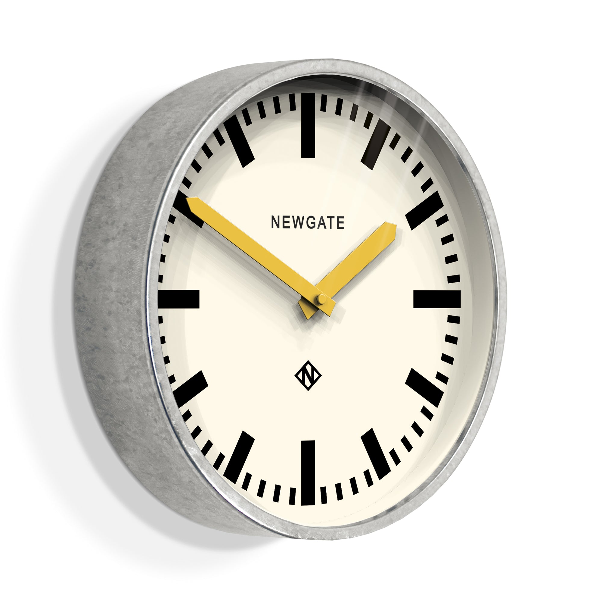 Round wall clock with cream face, yellow hour and minute hands, black markers