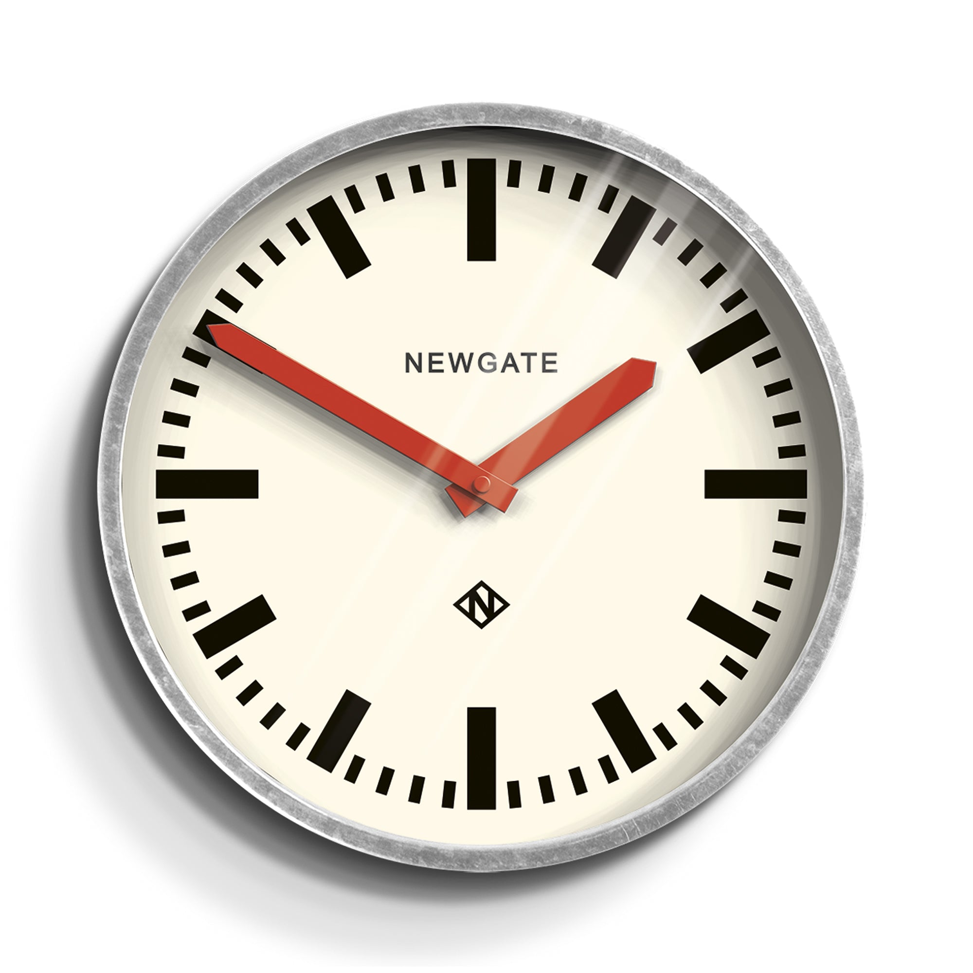 Galvanized metal wall clock with cream dial, black markers, red hour and minute hands
