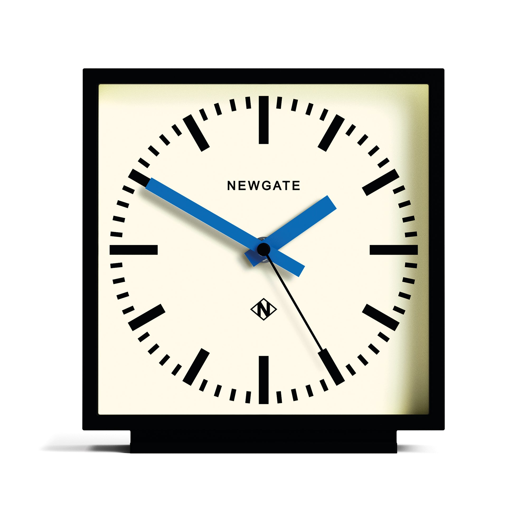 Newgate mantel clock with black frame, cream dial, blue hour and minute hands