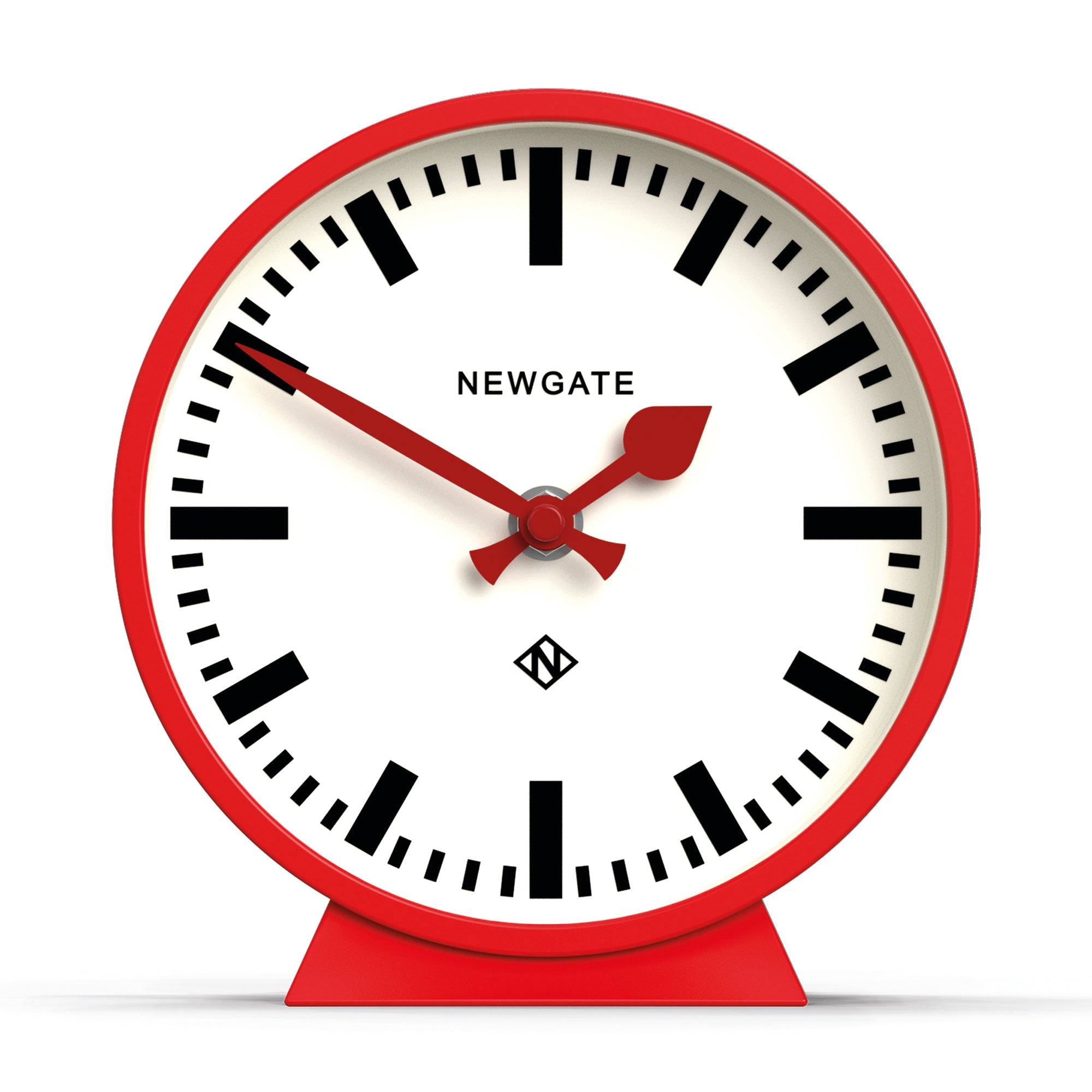 Railway mantel clock in fire engine red with white dial, black numerals, red hands