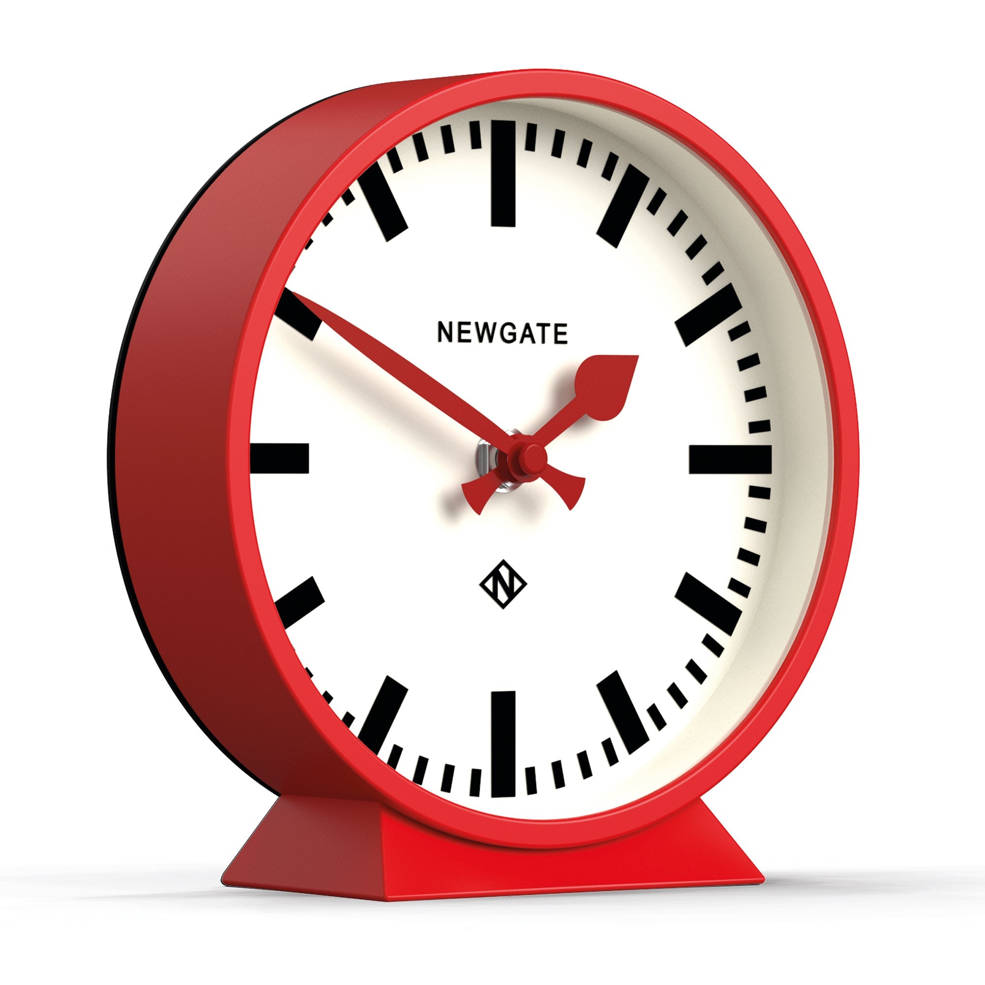 Railway mantel clock with red case, white dial, black numerals, red stand and hands