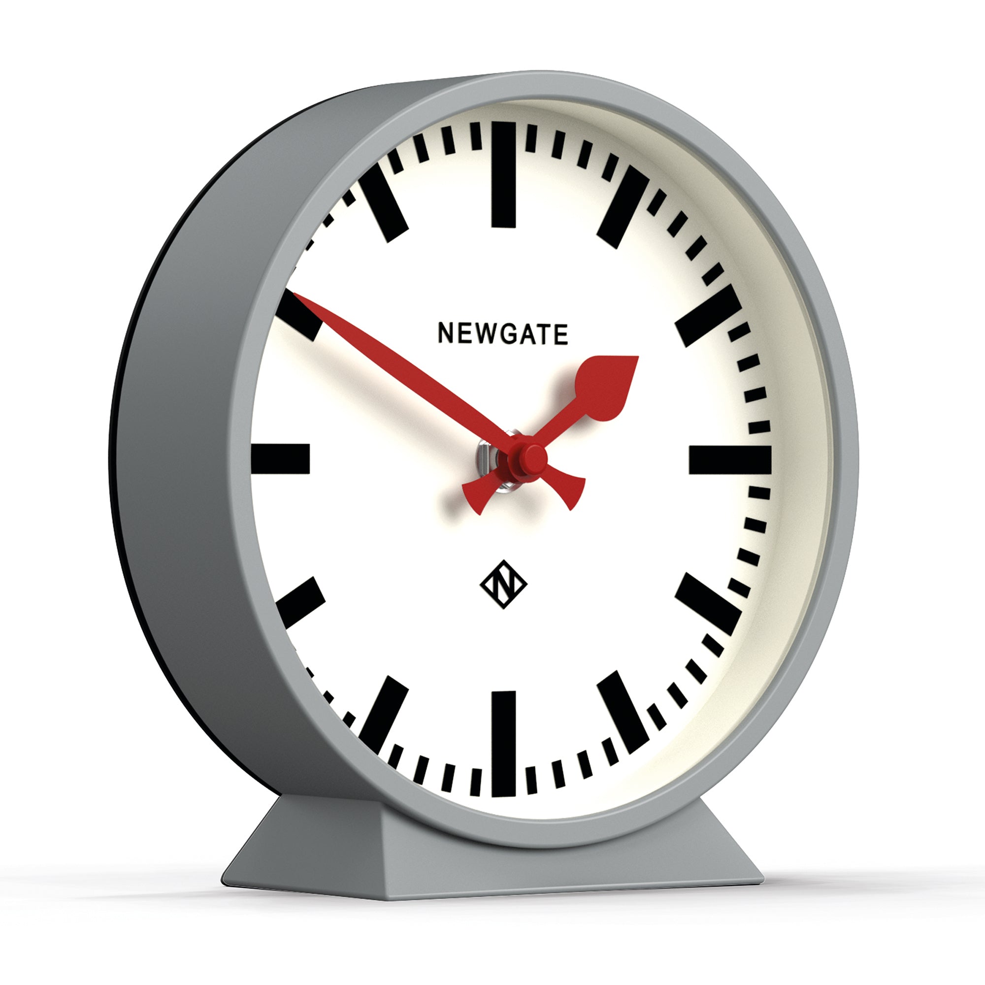 Grey bezel mantel clock with white dial and red hands, standing on base.