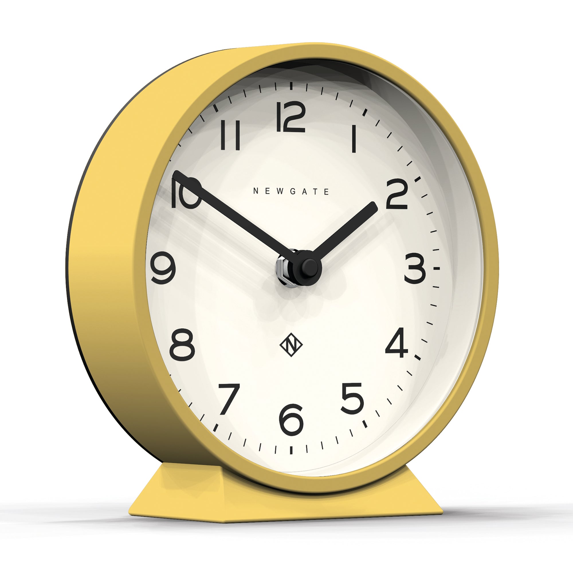 Yellow mantel clock with arched frame, white face, black numerals and hands