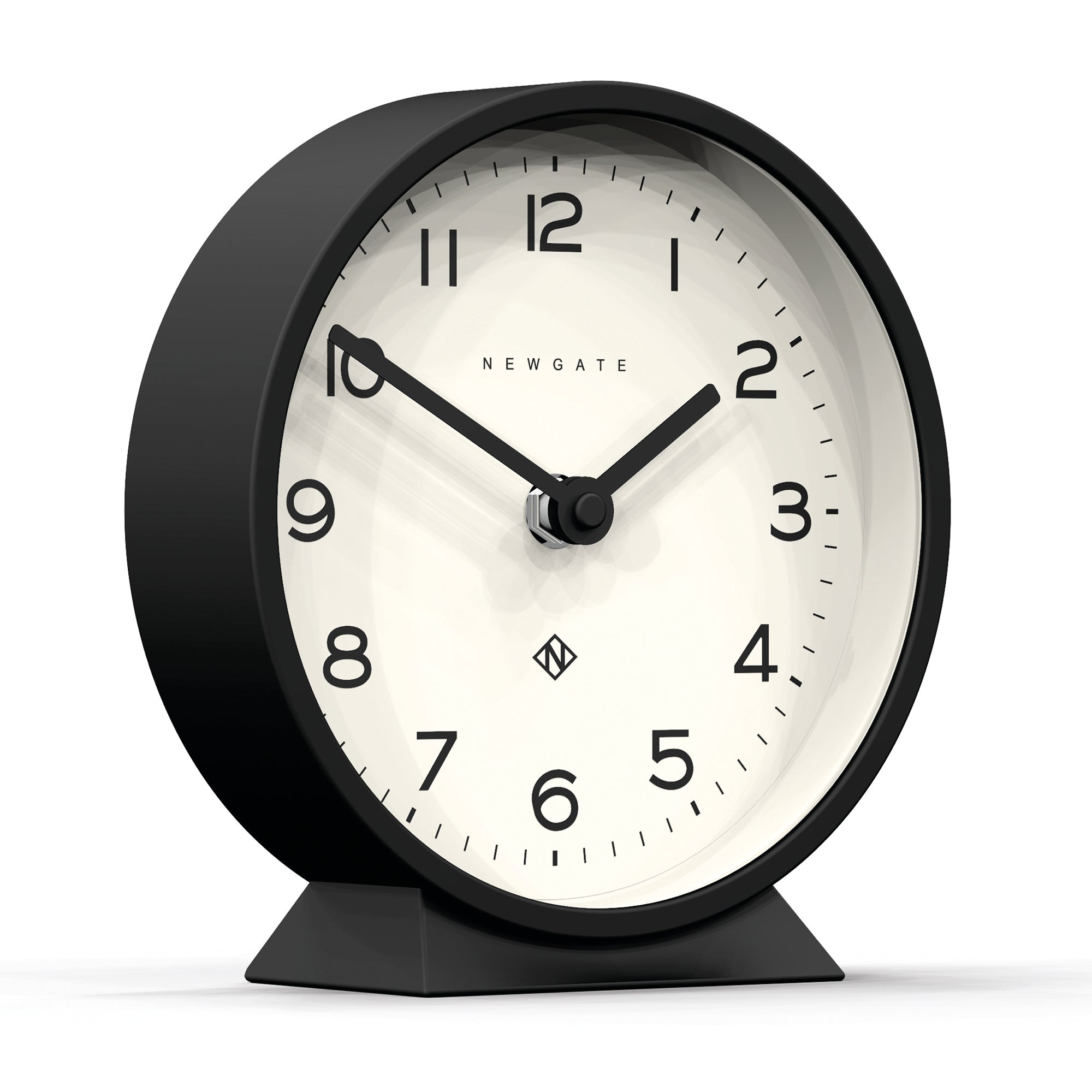 Black round mantel clock with cream dial, centered hands, and triangular base.