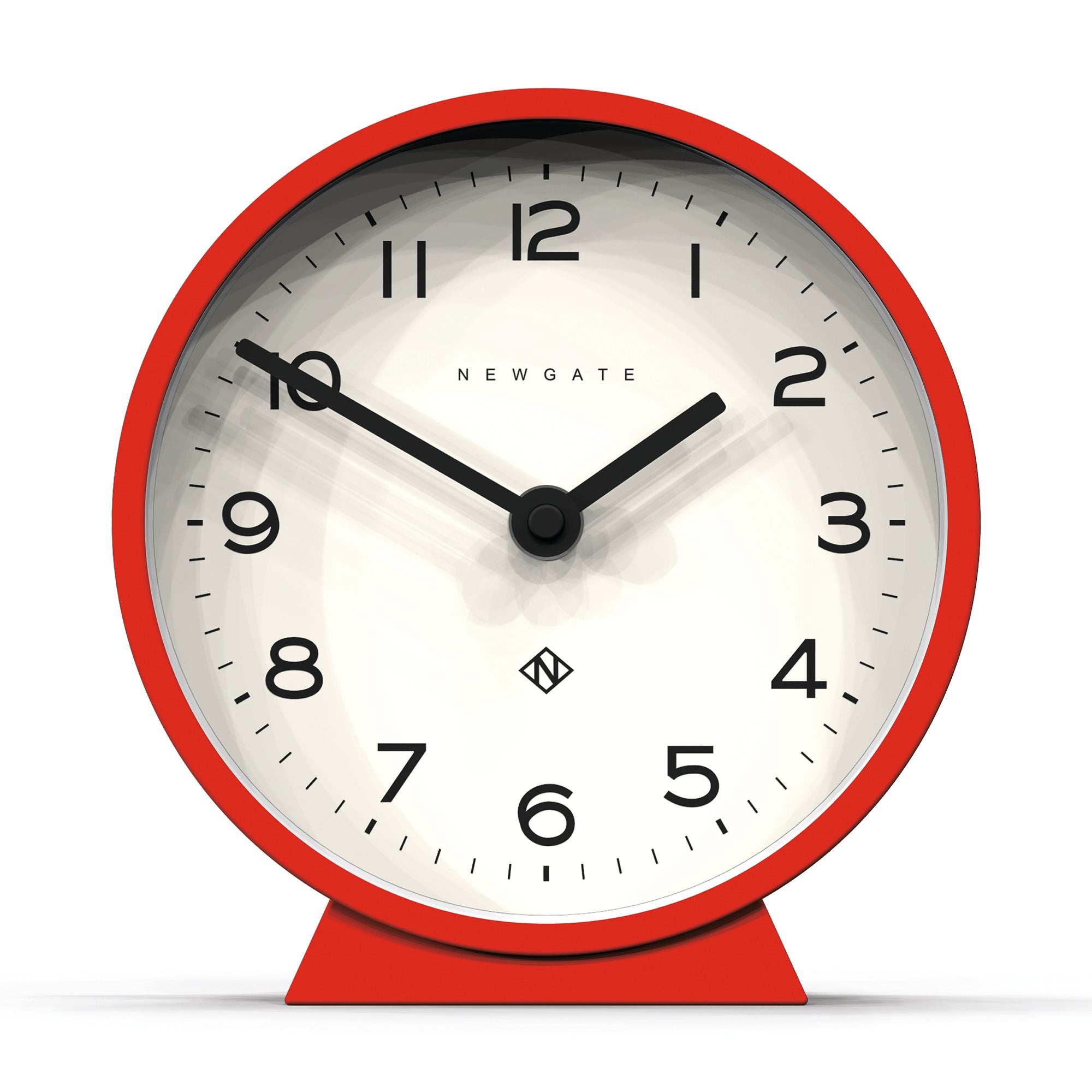 Red mantel clock with white dial and black hands, Newgate logo center.