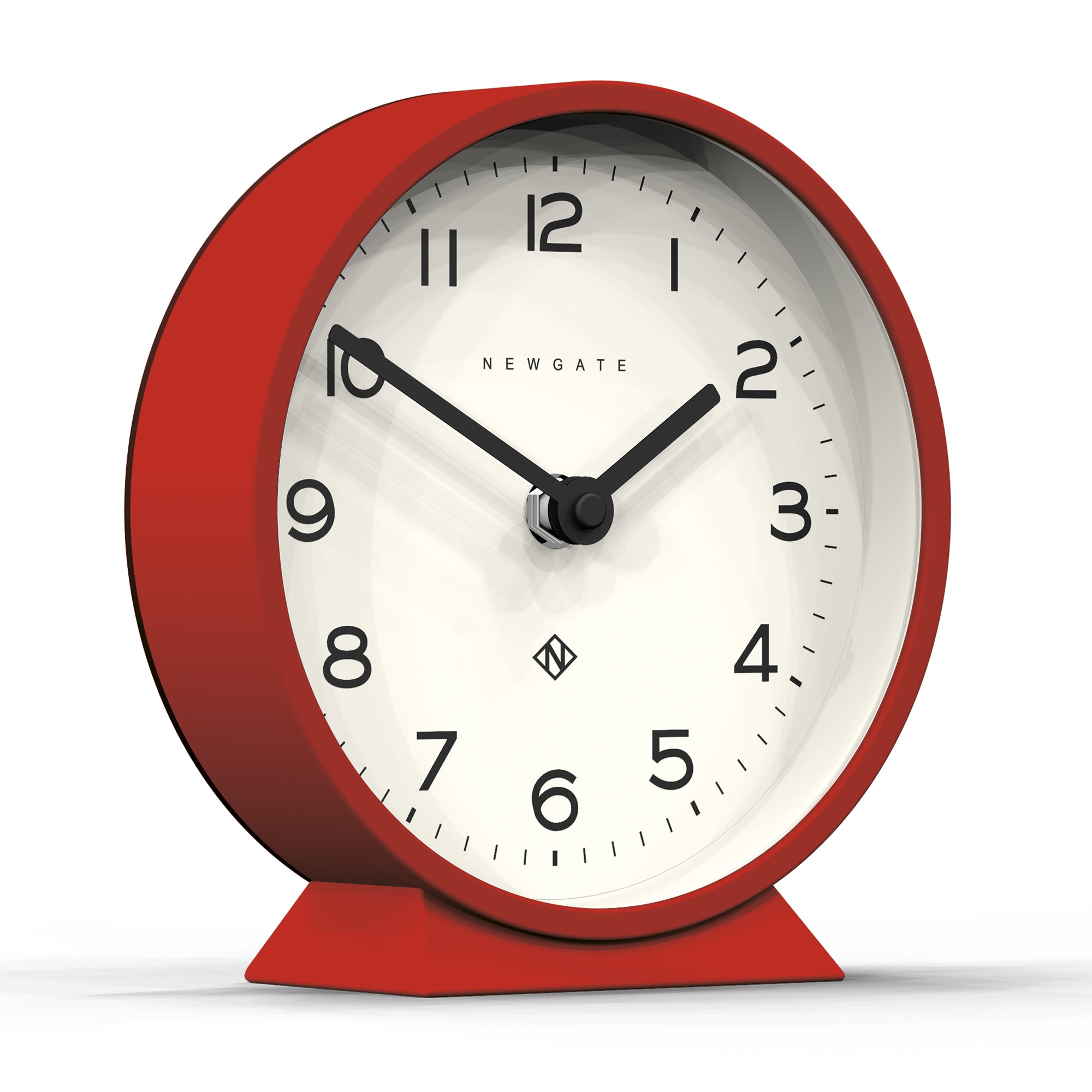 Red mantel clock with white face and black hands, Newgate badge in center.