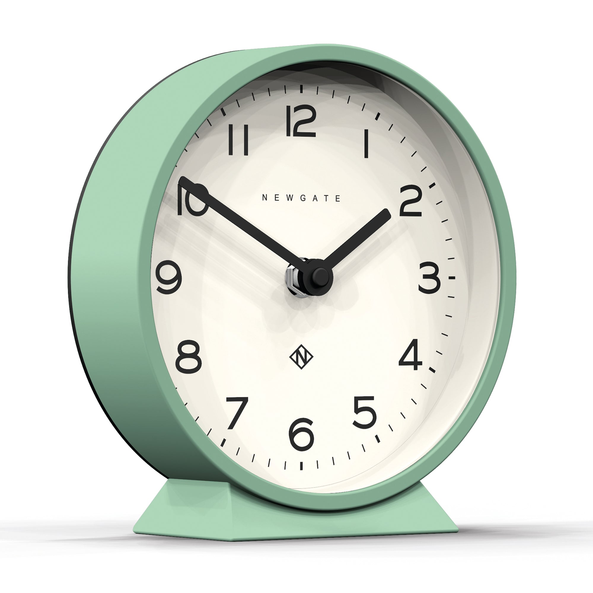Mint round mantel clock with white face, black hands, and curved stand