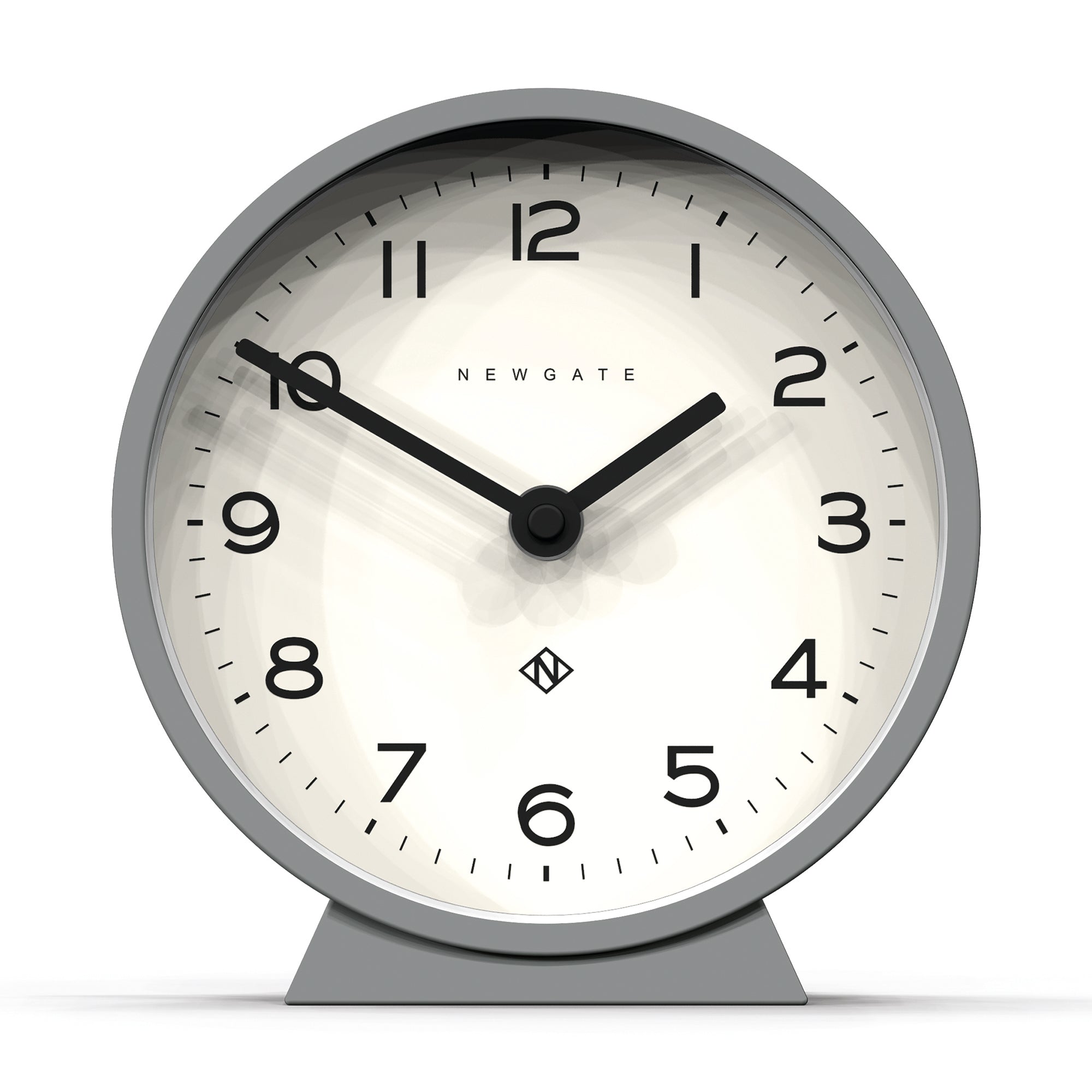 Grey mantel clock with white dial, black hands, and round tabletop stand