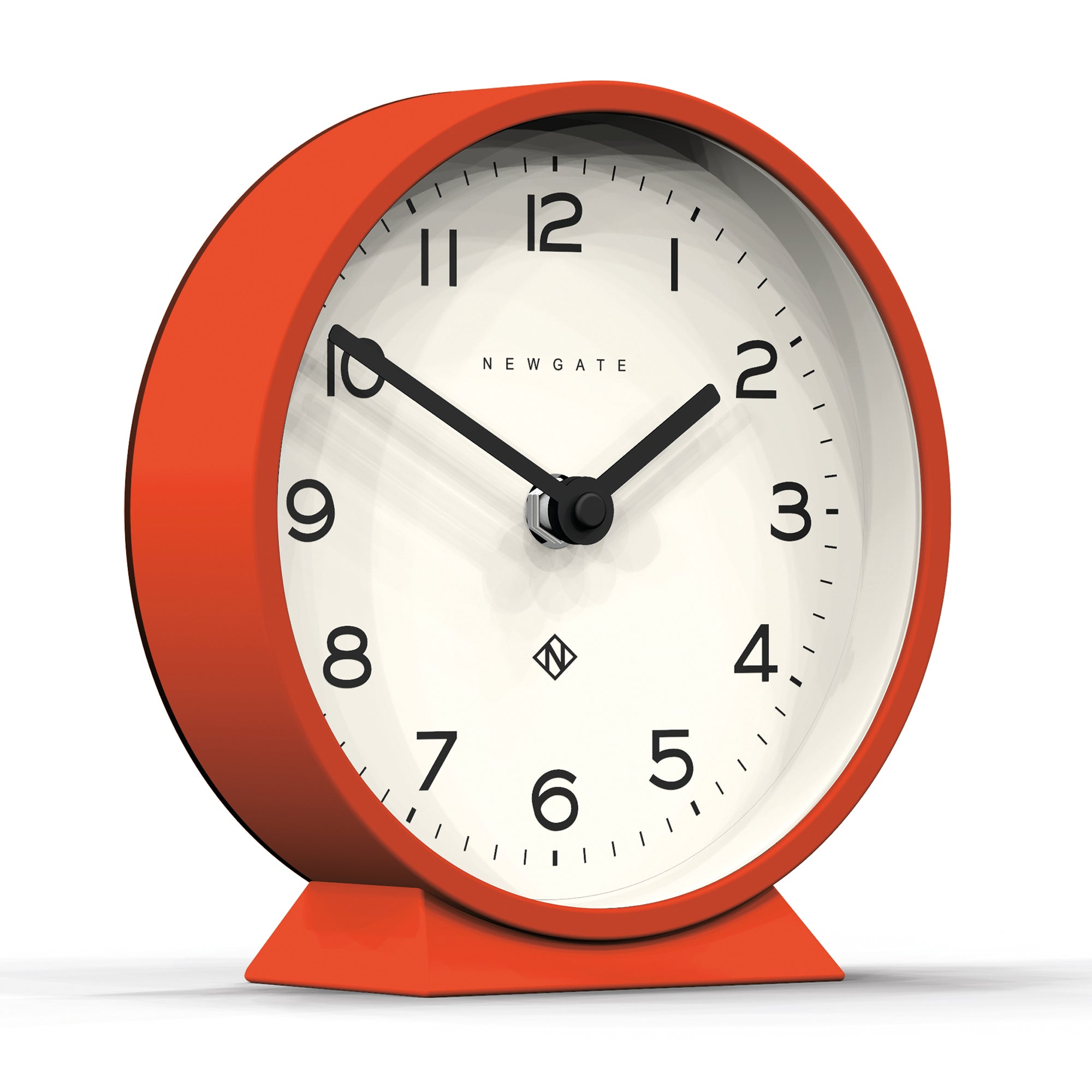 Orange mantel clock with curved frame, white dial, black hour markers and hands
