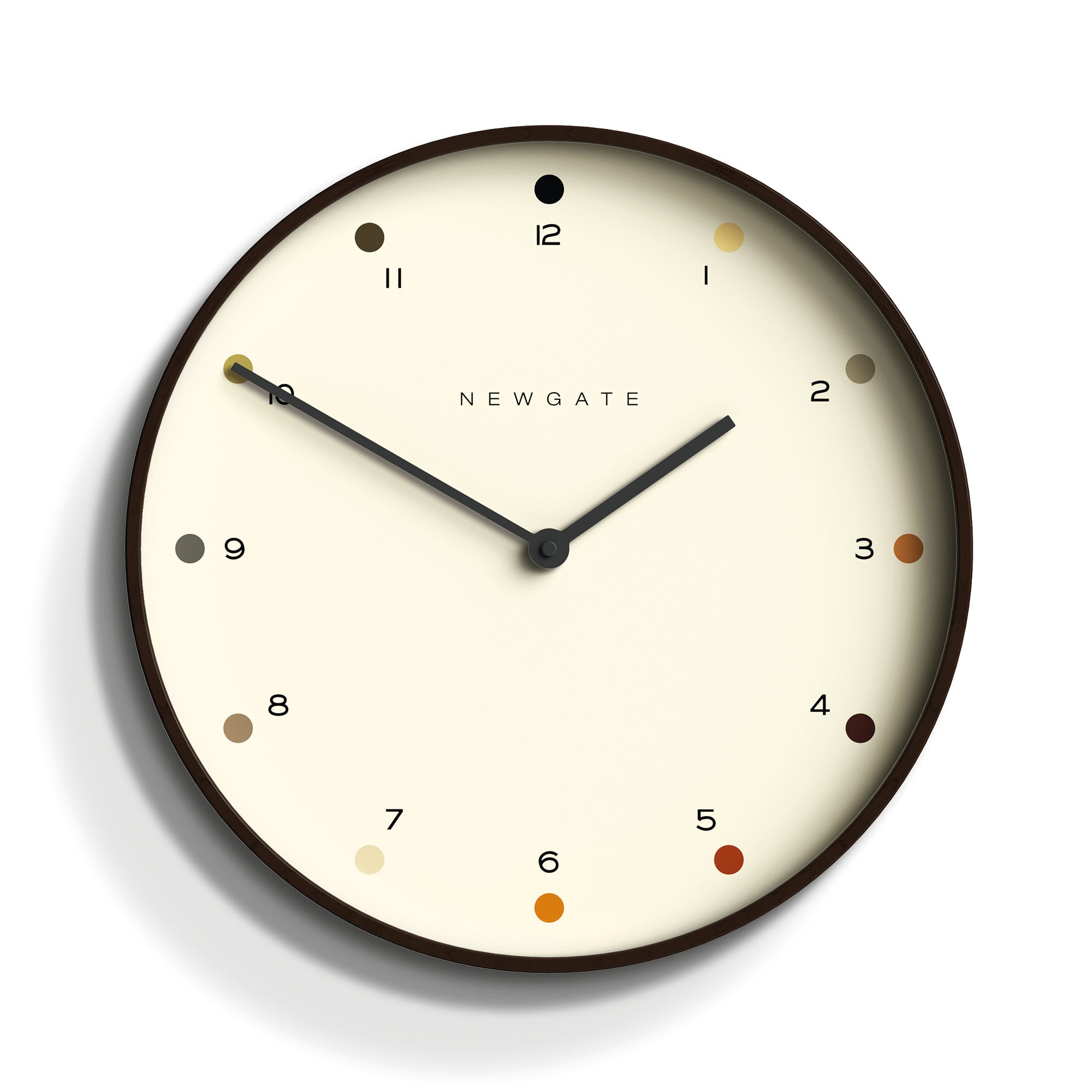 Dark wood wall clock with cream dot dial, black hands, round frame