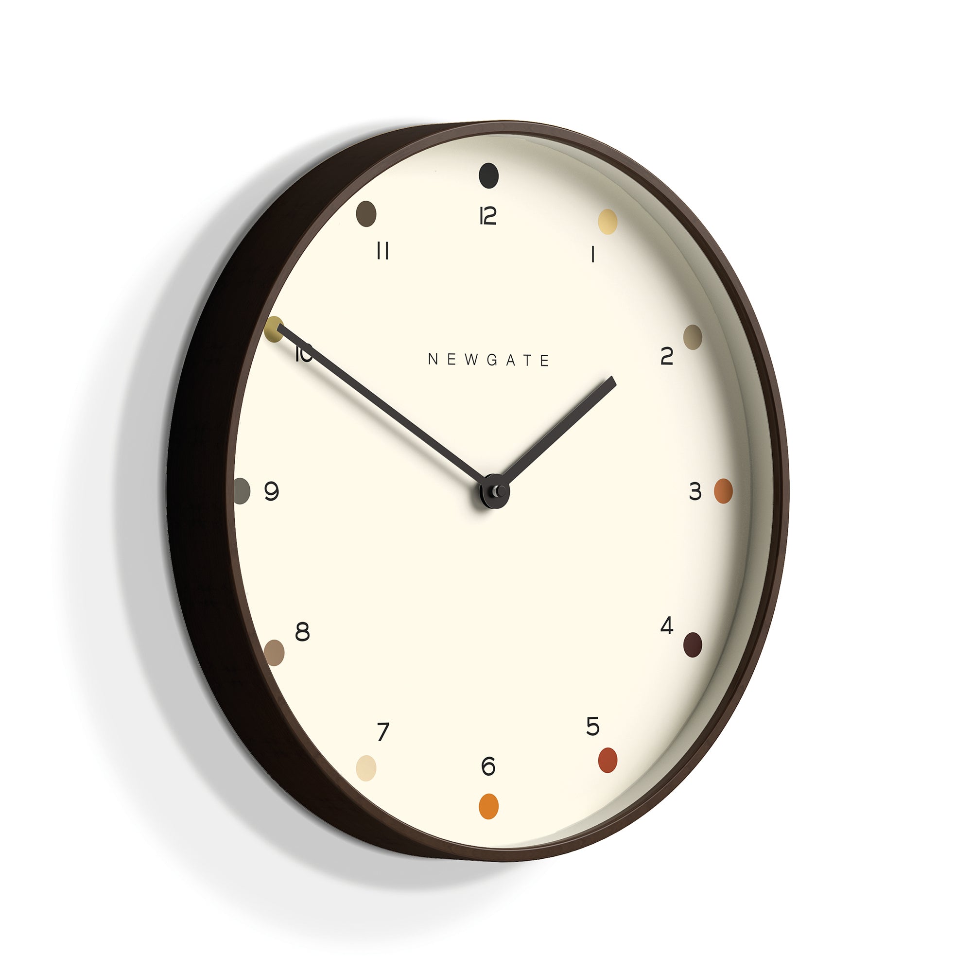 Dark wood wall clock with cream face, dot hour markers and black hour/minute hands