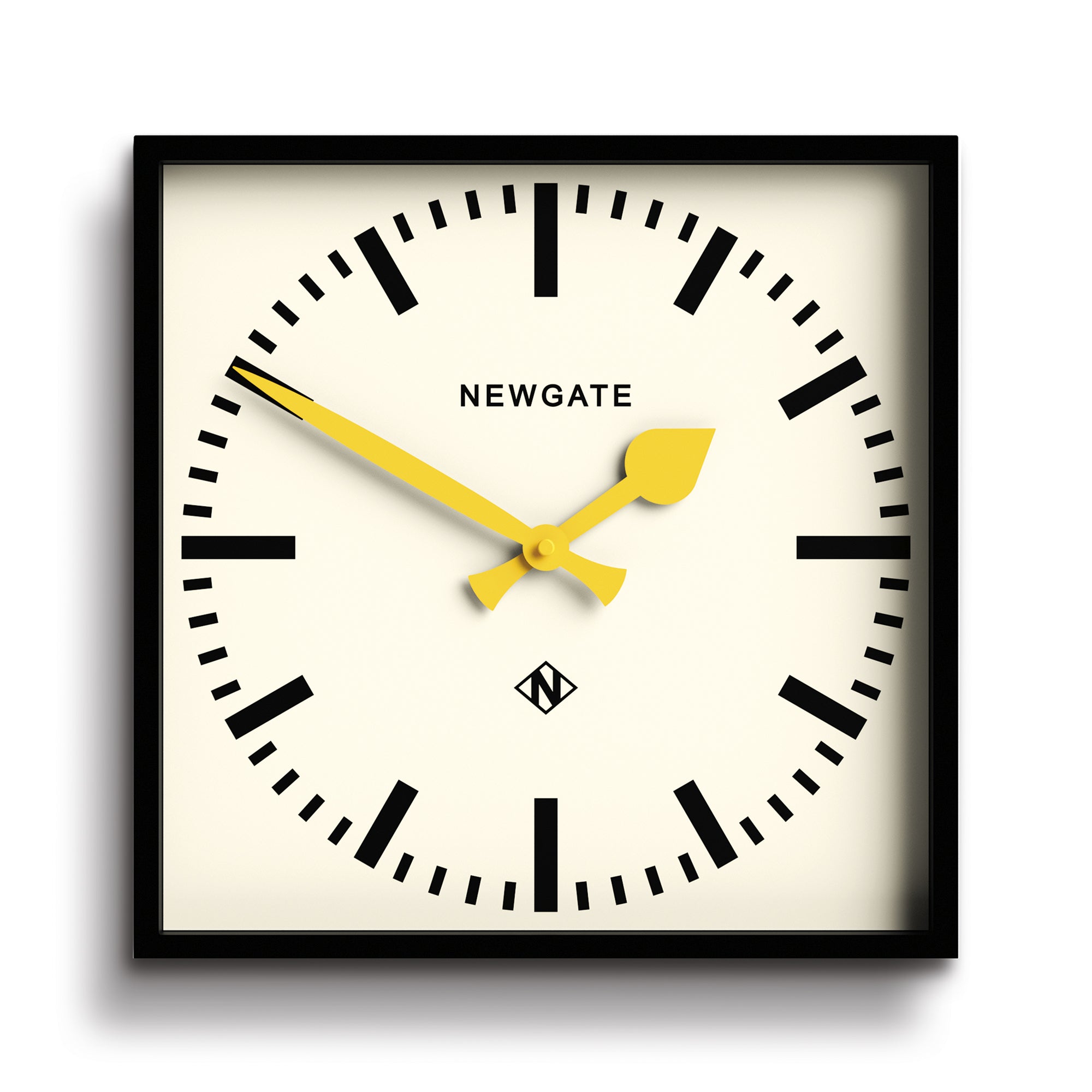 Black frame wall clock with cream dial and yellow hands, Newgate No.5 style numbers