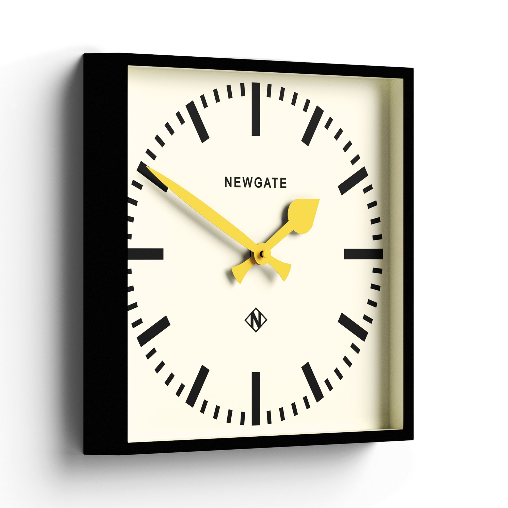 Square black wall clock with cream face, yellow hour and minute hands, Newgate